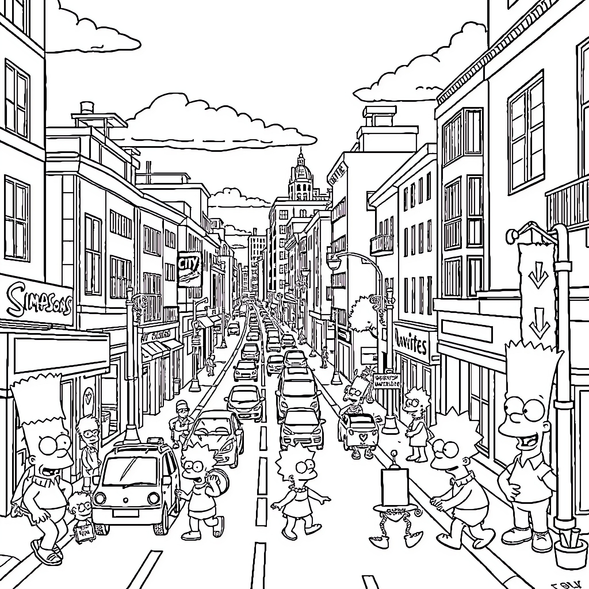 Simpson's Family in a Busy City Street Coloring Page (free black-and-white line drawing printable PDF for all, from beginners to advanced learners, including children, teens, adults, and seniors)