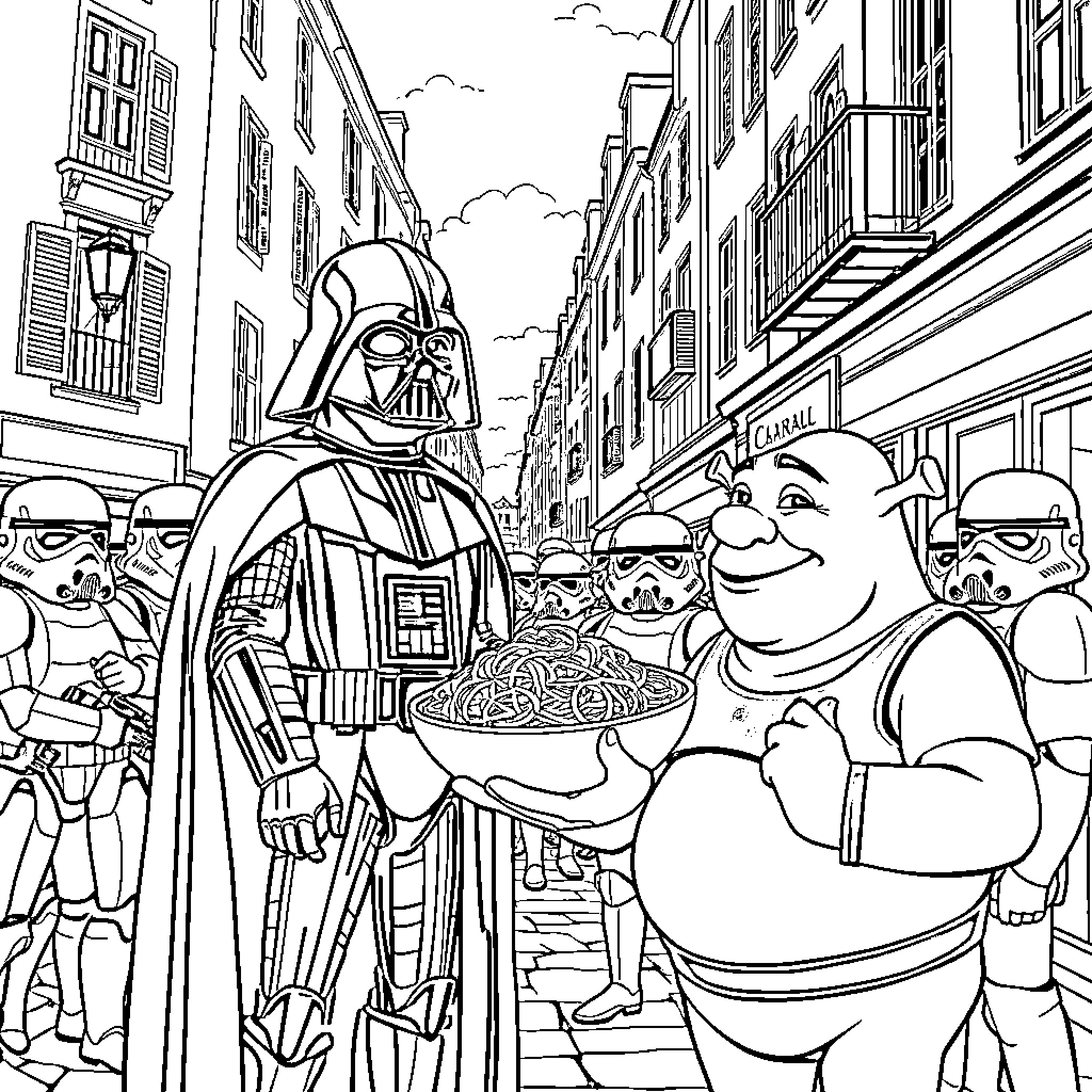 Darth Vader carrying food with stormtroopers in a busy city Coloring Page (free black-and-white line drawing printable PDF for all, from beginners to advanced learners, including children, teens, adults, and seniors)