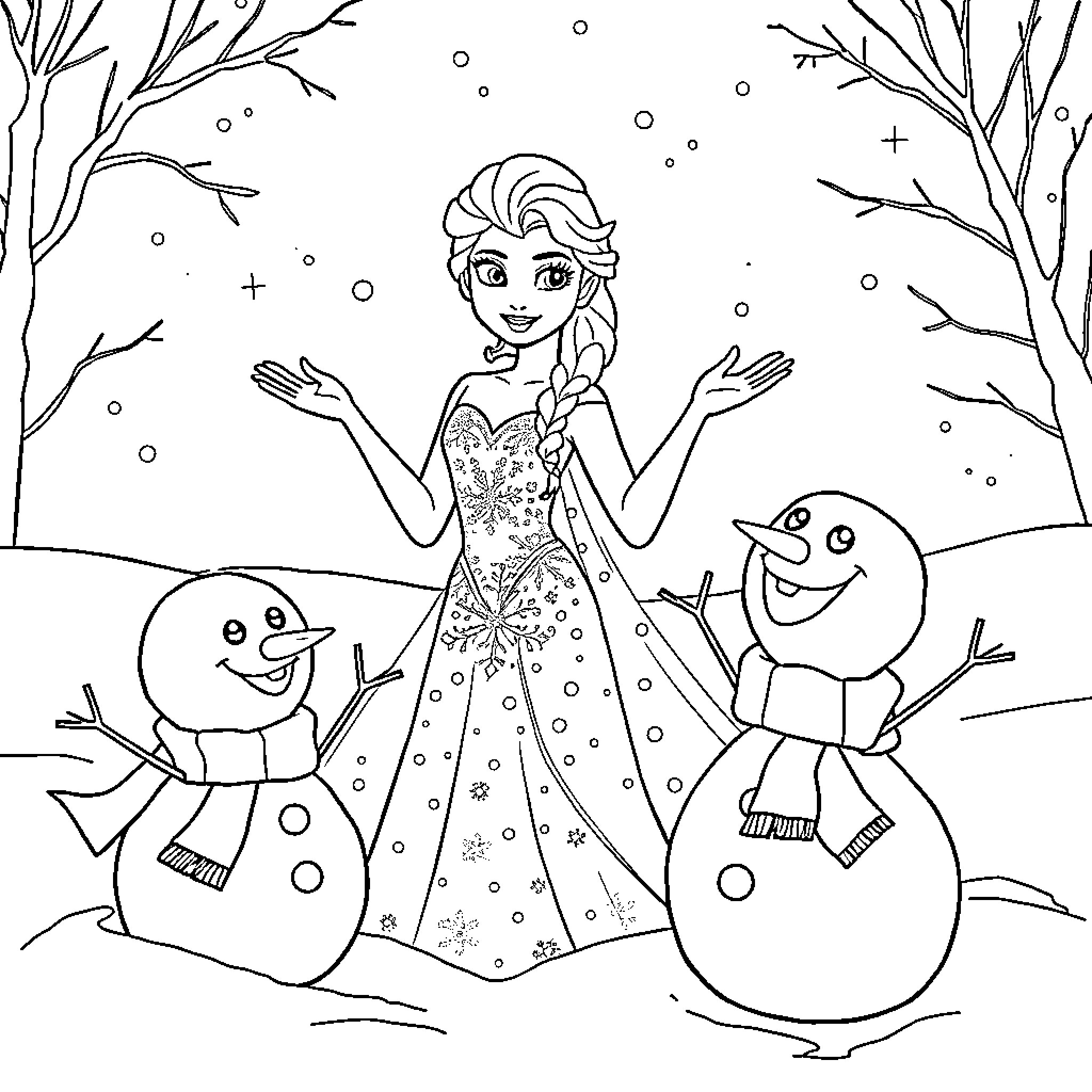 Elsa enjoys the snowy winter with her friends Coloring Page (free black-and-white line drawing printable PDF for all, from beginners to advanced learners, including children, teens, adults, and seniors)