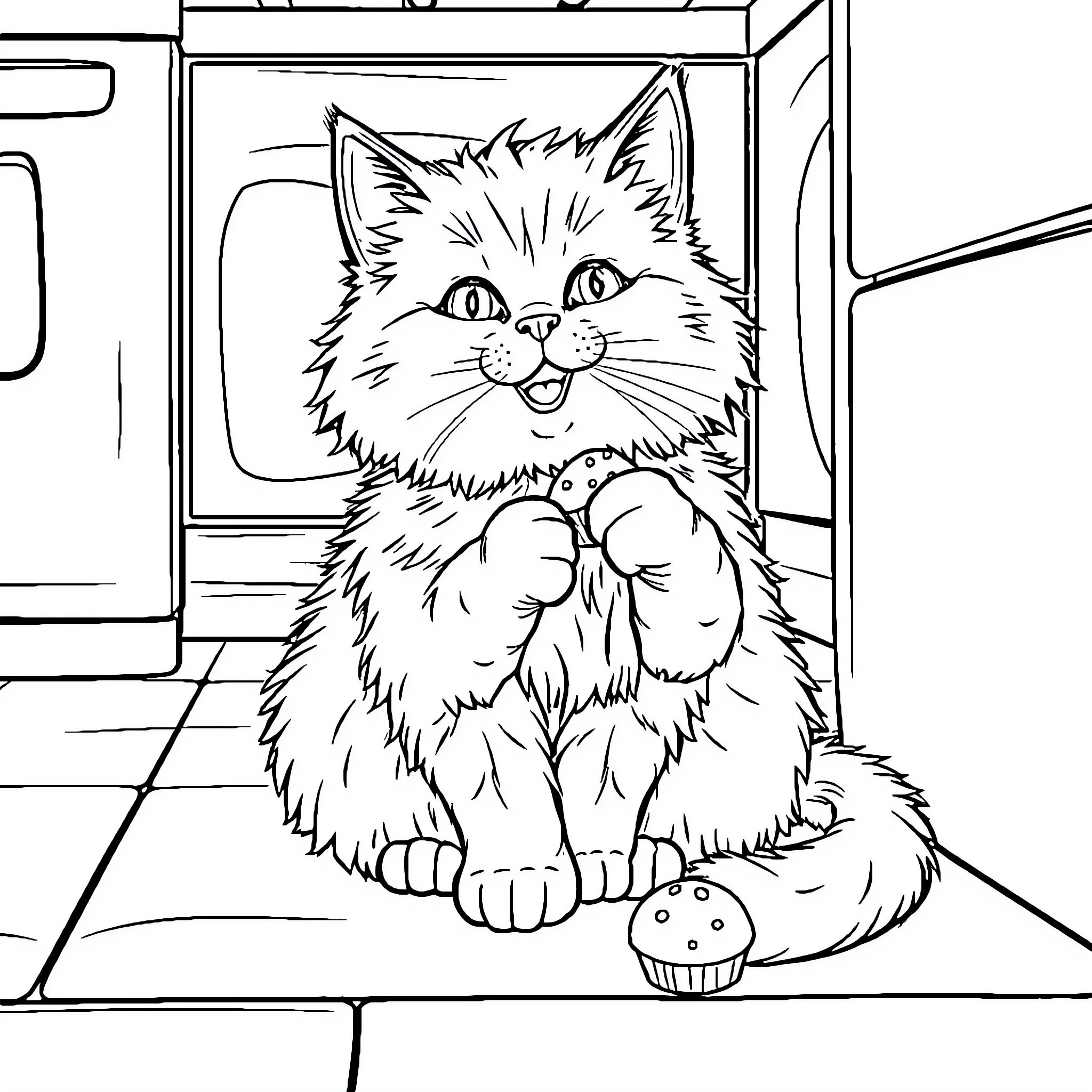 Cat enjoying a tasty treat in the kitchen Coloring Page (free black-and-white line drawing printable PDF for all, from beginners to advanced learners, including children, teens, adults, and seniors)