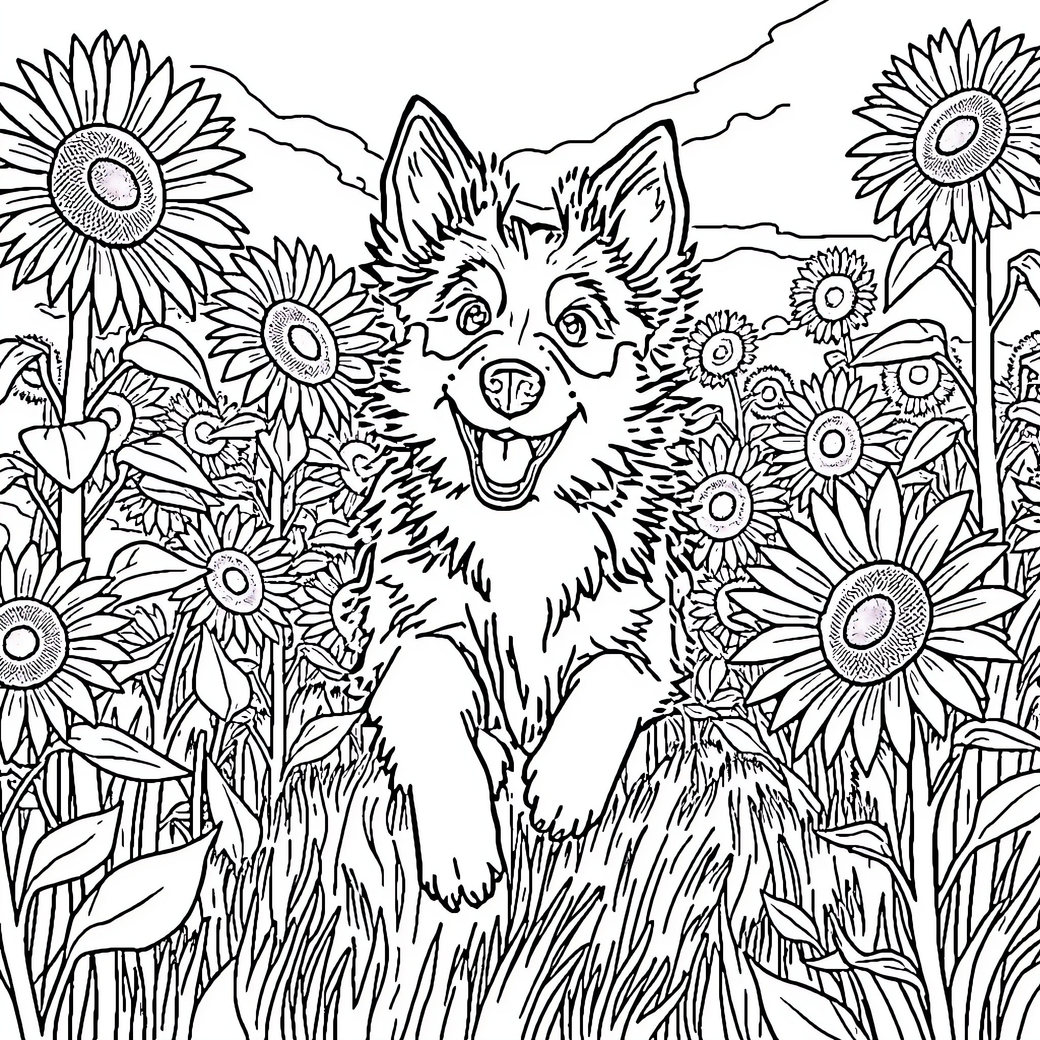 Collie Joyfully Exploring Floral Field Coloring Page (free black-and-white line drawing printable PDF for all, from beginners to advanced learners, including children, teens, adults, and seniors)