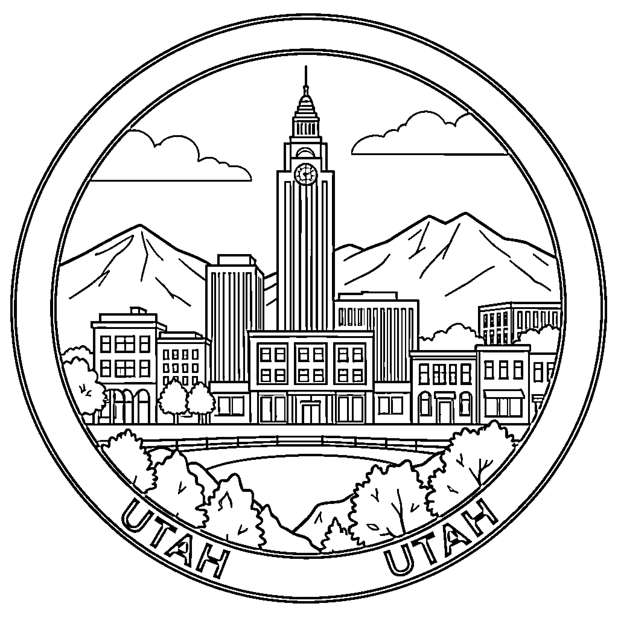 Logo featuring a cityscape with mountains and a clock tower Coloring Page (free black-and-white line drawing printable PDF for all, from beginners to advanced learners, including children, teens, adults, and seniors)