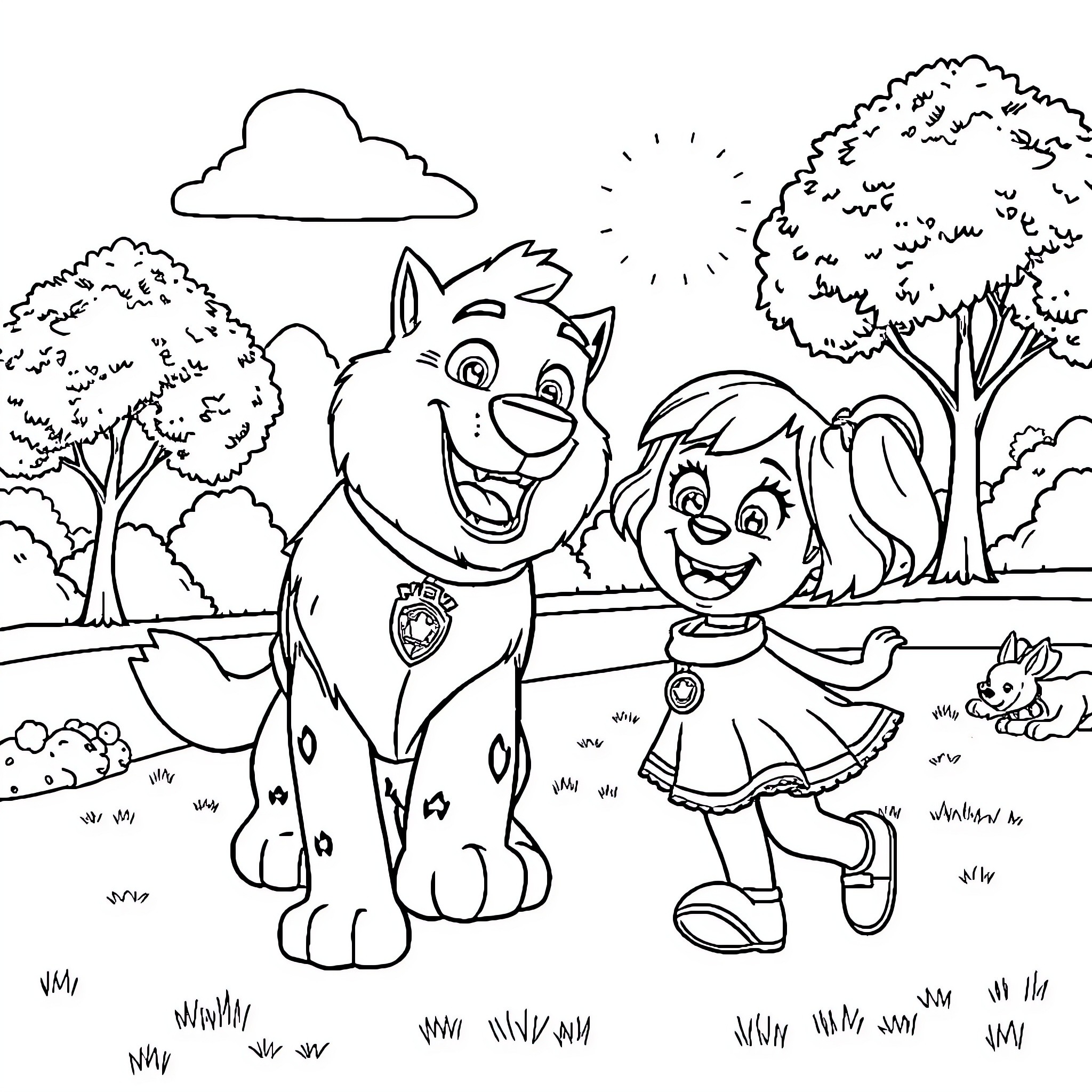 Everest characters playing happily in the park Coloring Page (free black-and-white line drawing printable PDF for all, from beginners to advanced learners, including children, teens, adults, and seniors)