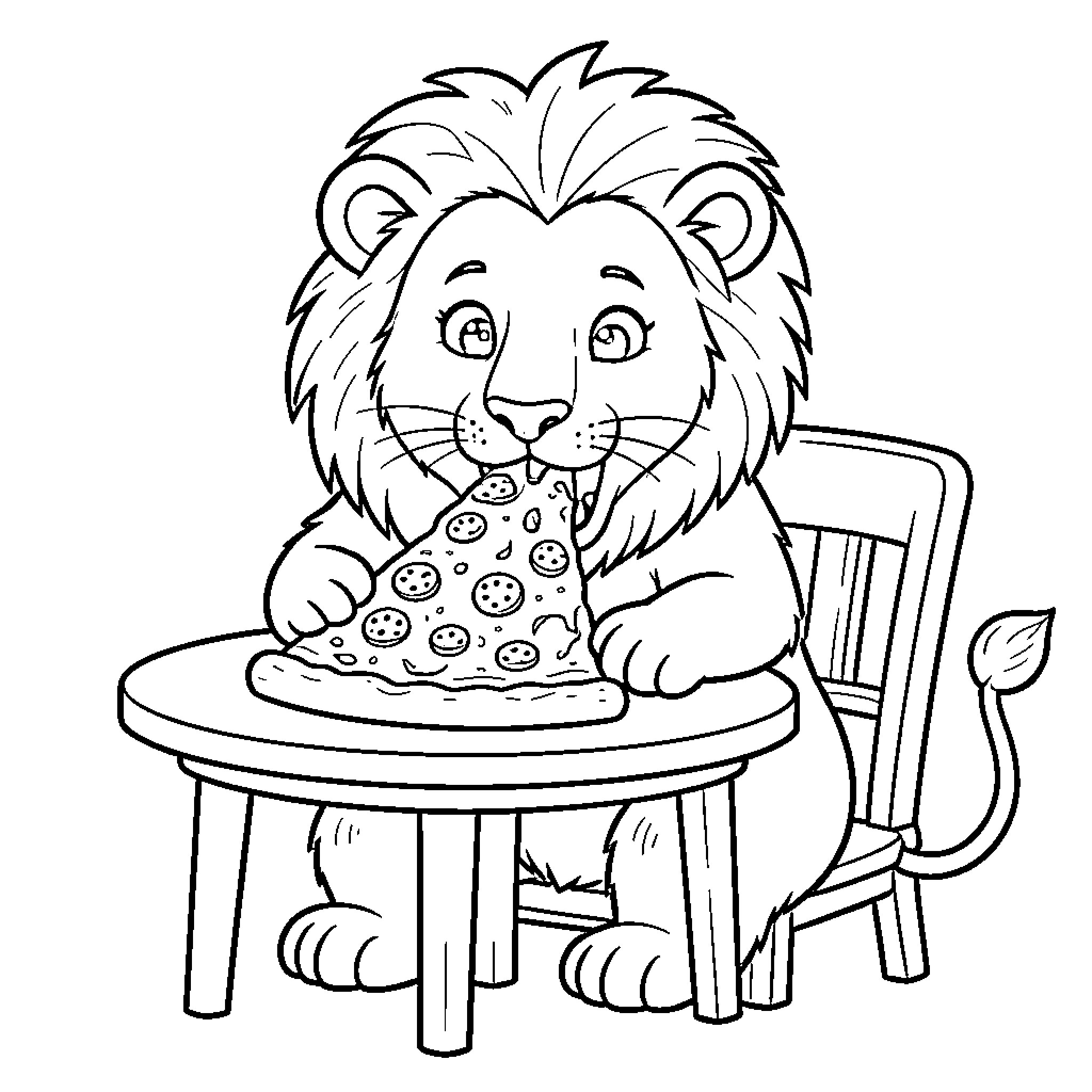 Lion eating a slice of pizza at a table Coloring Page (free black-and-white line drawing printable PDF for all, from beginners to advanced learners, including children, teens, adults, and seniors)