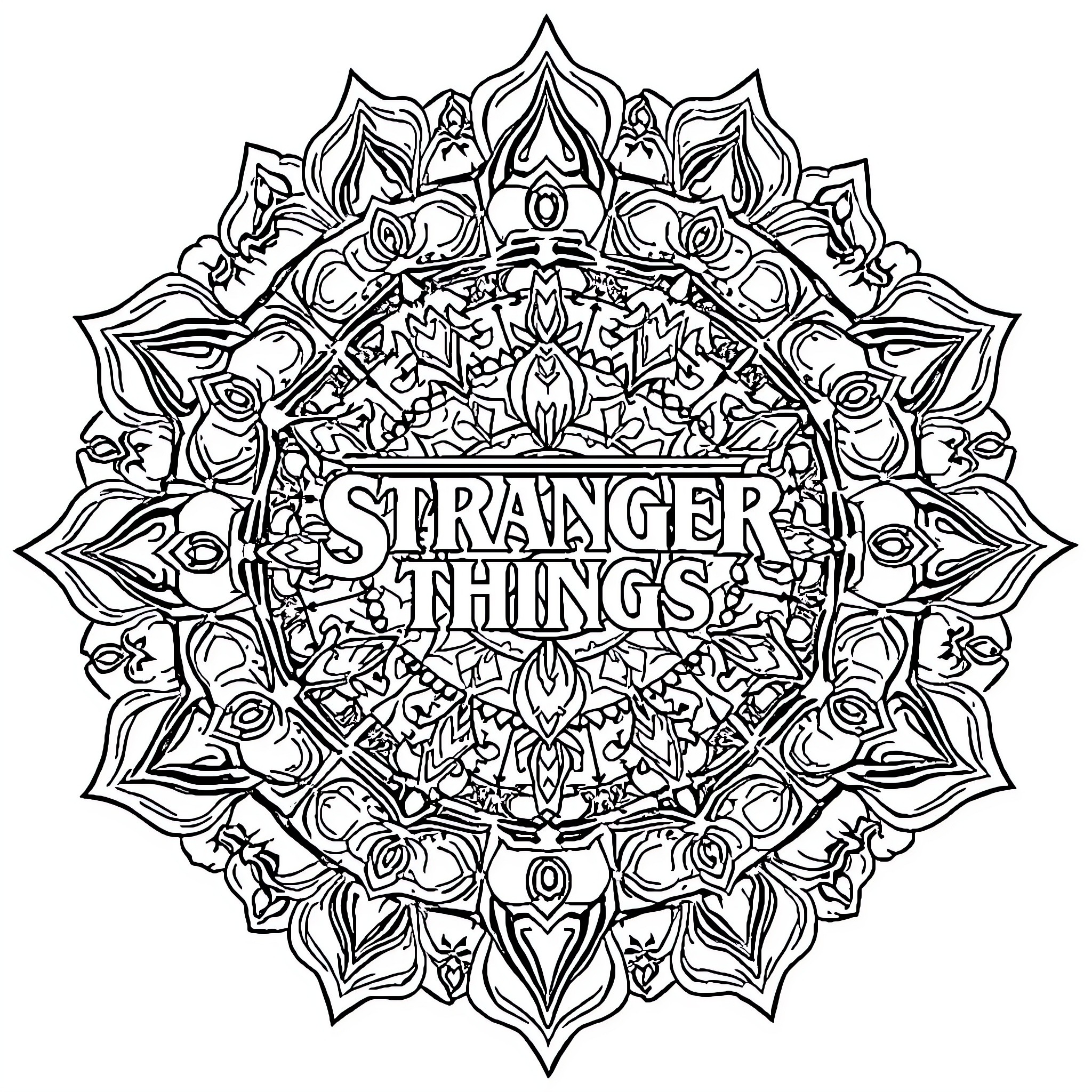 Stranger Things Inspired Floral Mandala Illustration Coloring Page (free black-and-white line drawing printable PDF for all, from beginners to advanced learners, including children, teens, adults, and seniors)