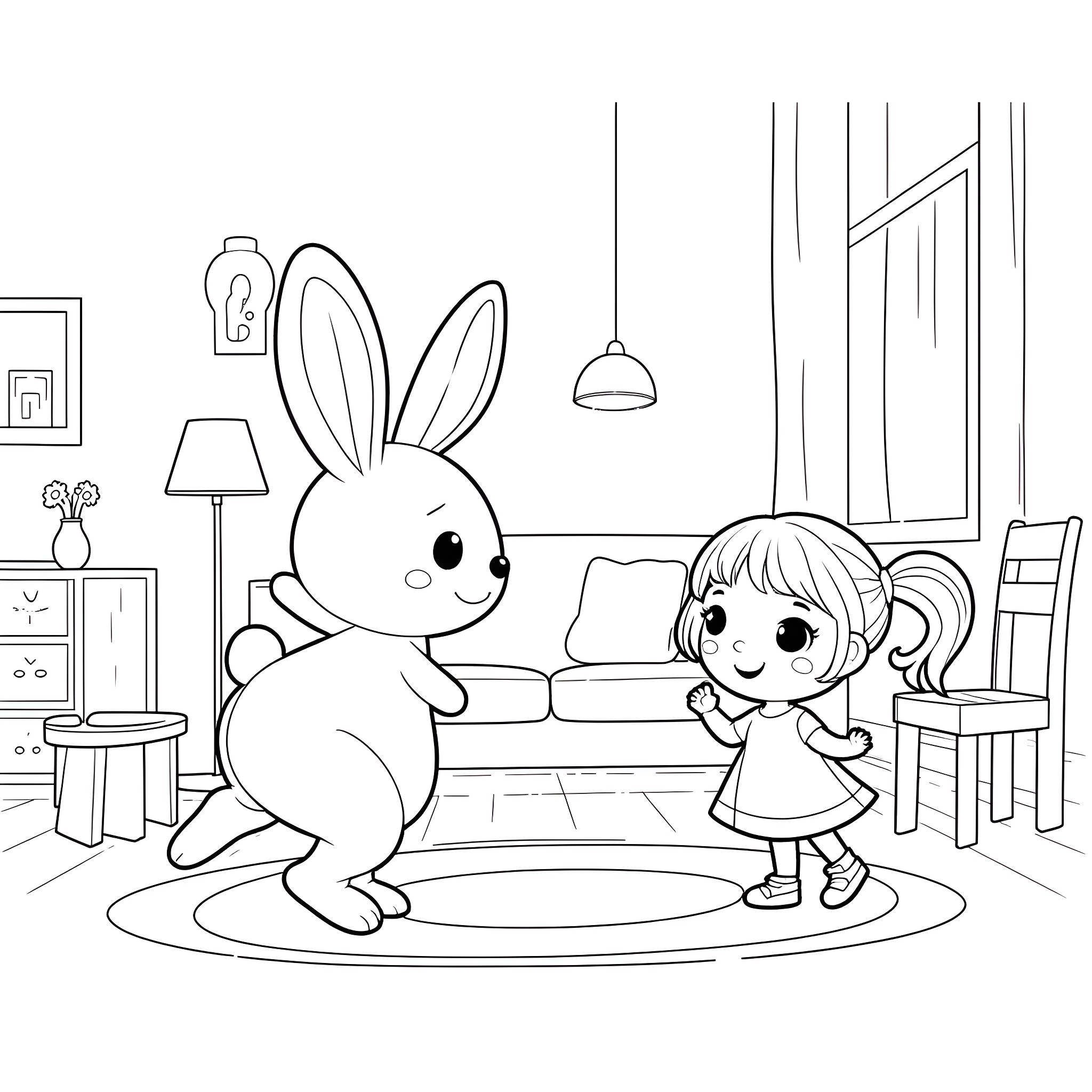 Rabbit and girl playing happily in the room Coloring Page (free black-and-white line drawing printable PDF for all, from beginners to advanced learners, including children, teens, adults, and seniors)