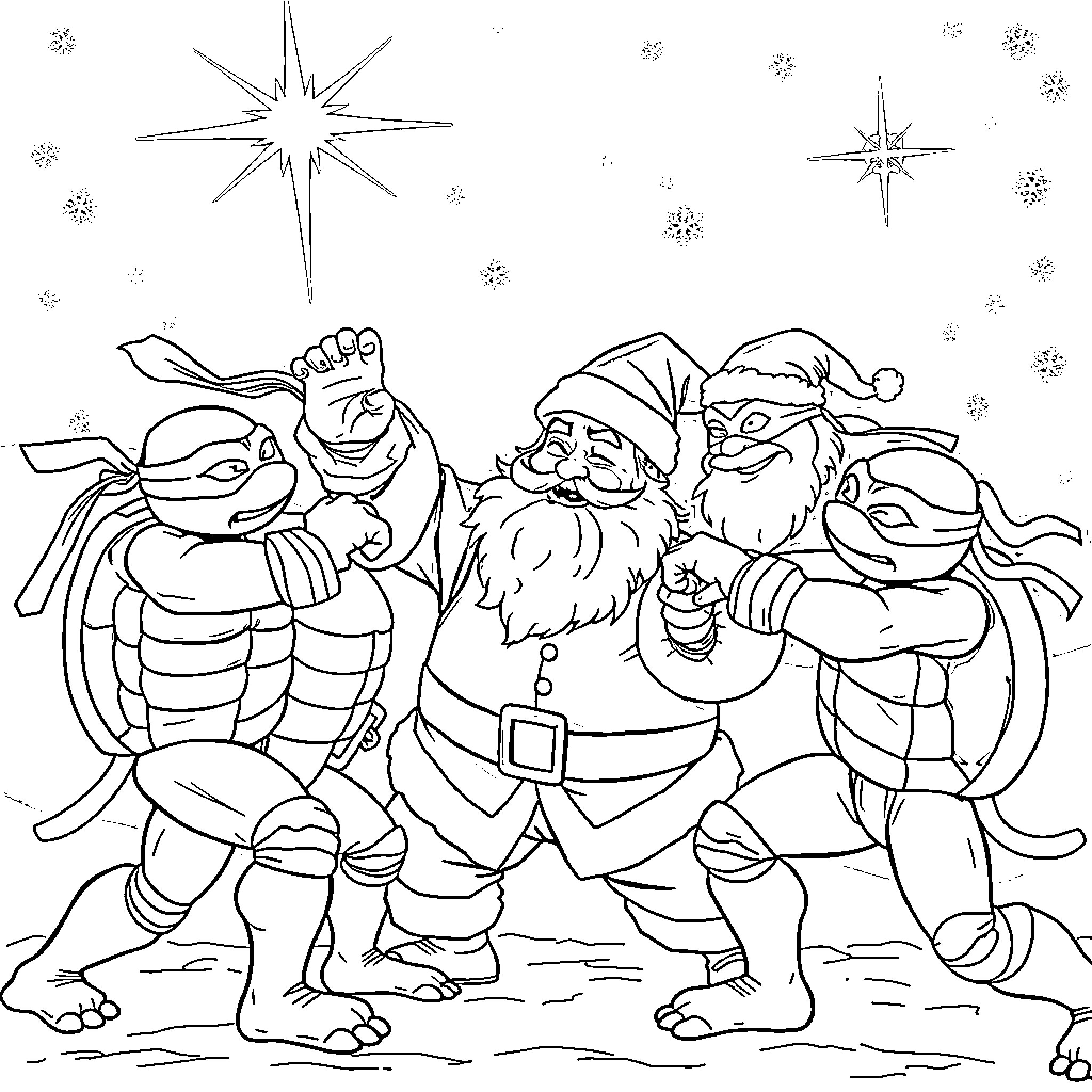 Teenage Mutant Ninja Turtles in Winter Wonderland Coloring Page (free black-and-white line drawing printable PDF for all, from beginners to advanced learners, including children, teens, adults, and seniors)