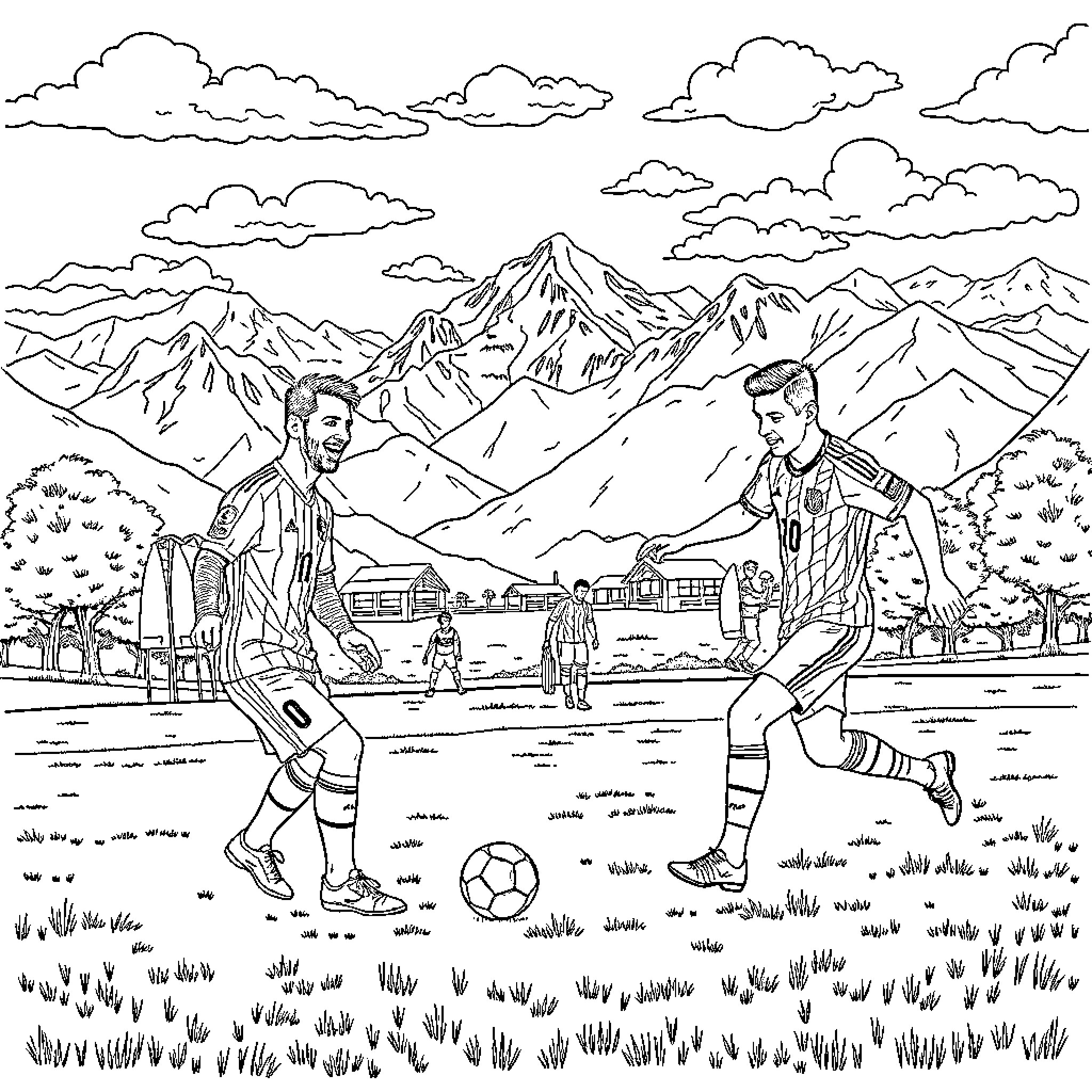 Football players on the field with snowy mountains Coloring Page (free black-and-white line drawing printable PDF for all, from beginners to advanced learners, including children, teens, adults, and seniors)