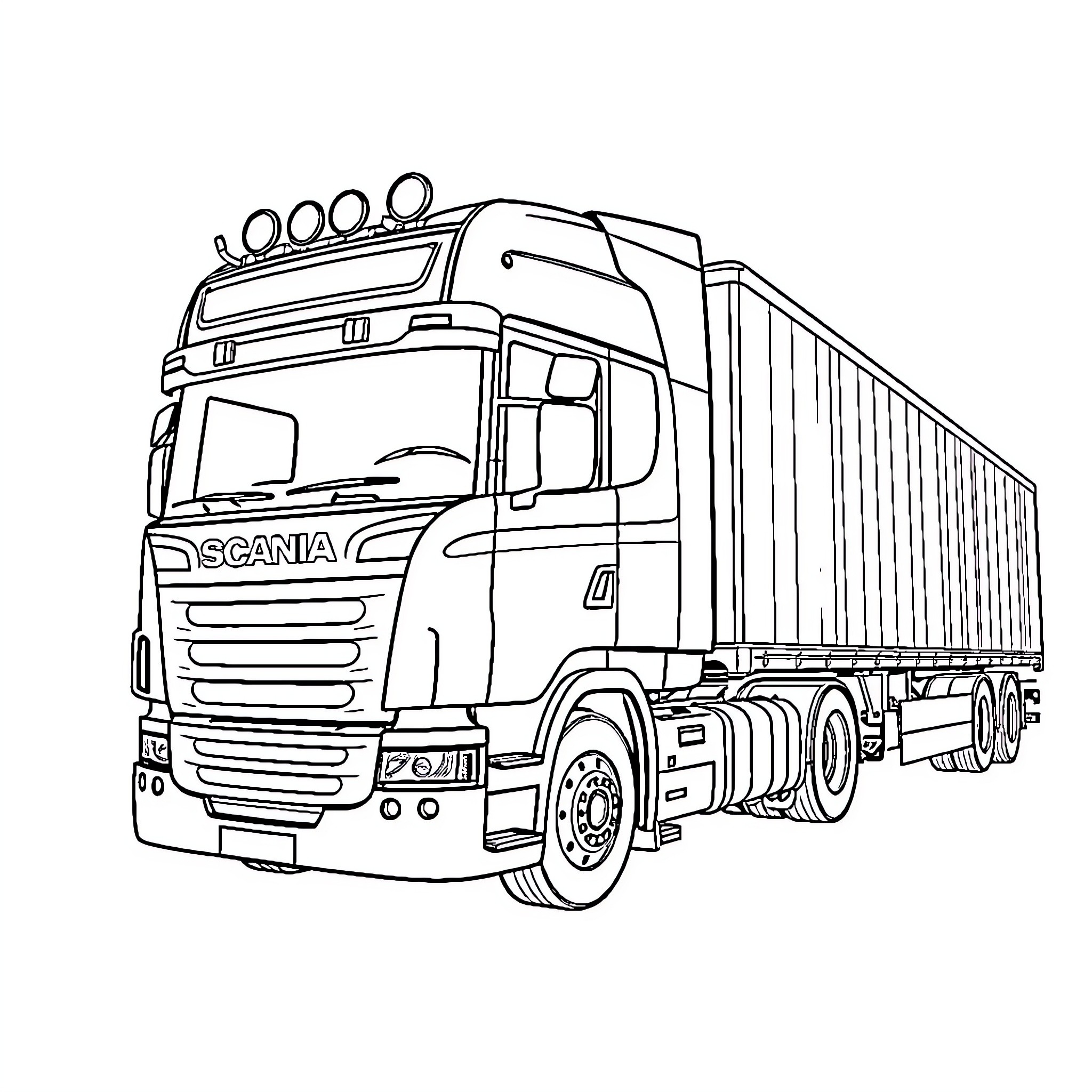 Scania semi-trailer truck in transportation mode Coloring Page (free black-and-white line drawing printable PDF for all, from beginners to advanced learners, including children, teens, adults, and seniors)