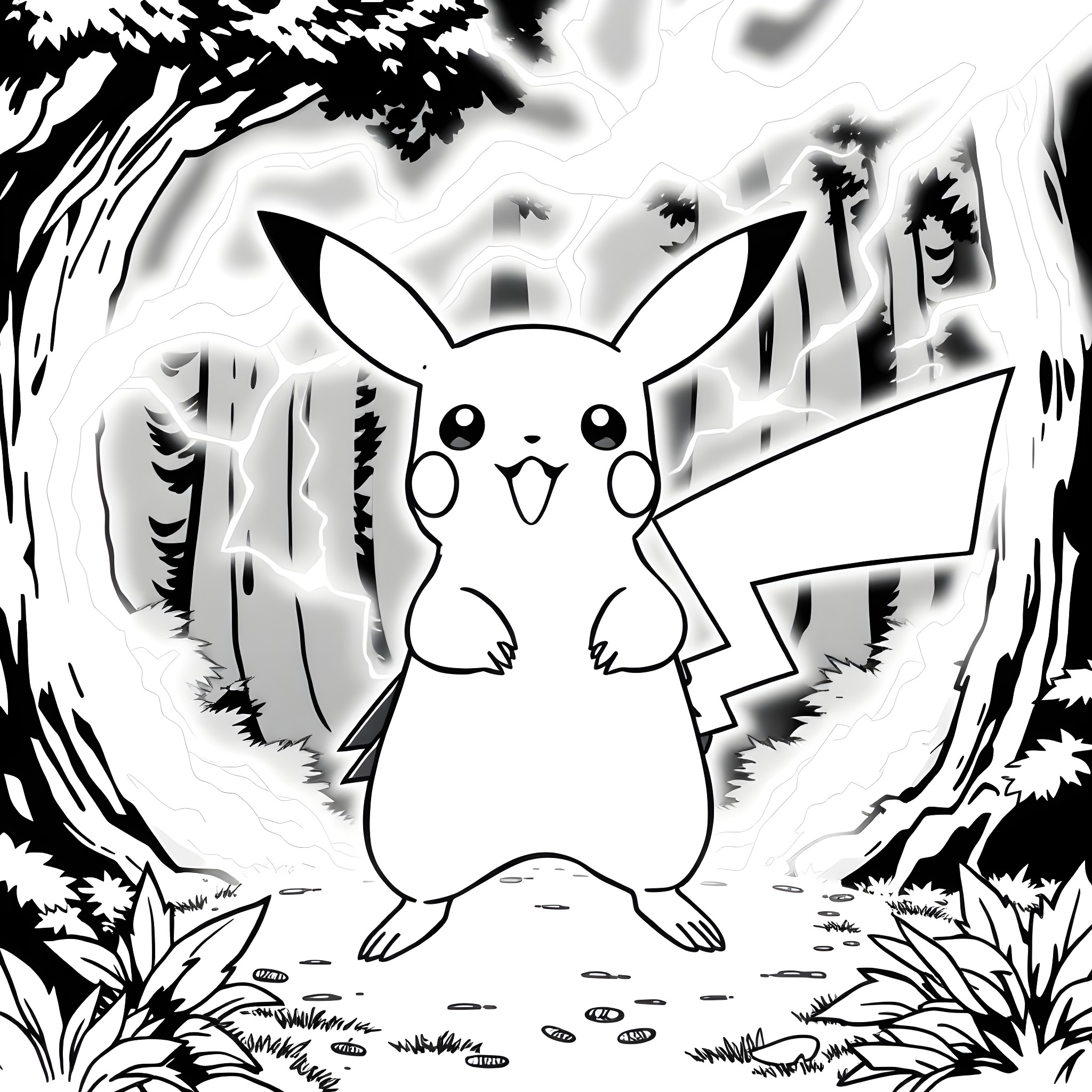 Pikachu exploring the mysterious forest Coloring Page (free black-and-white line drawing printable PDF for all, from beginners to advanced learners, including children, teens, adults, and seniors)