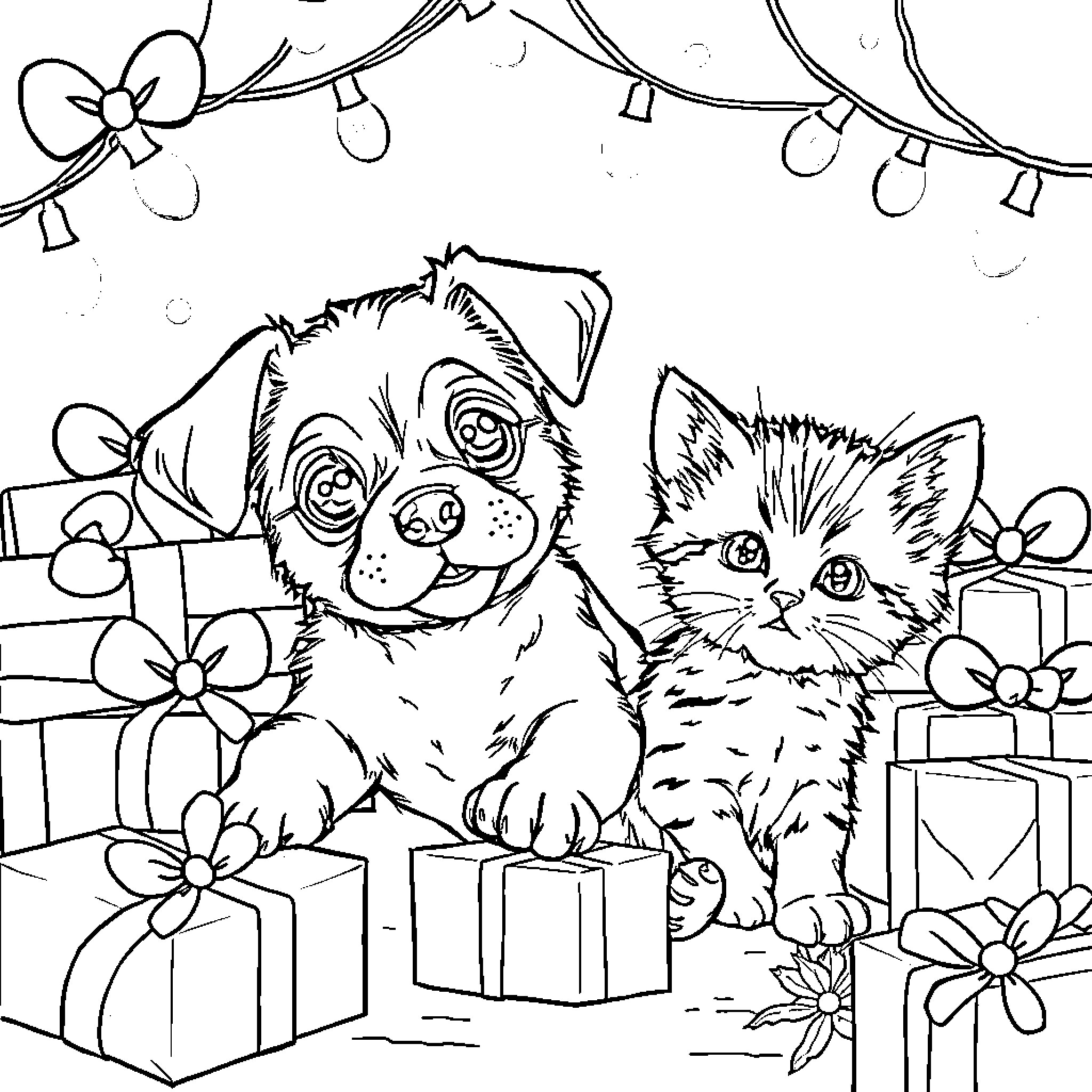 Puppy and kitten playing with presents Coloring Page (free black-and-white line drawing printable PDF for all, from beginners to advanced learners, including children, teens, adults, and seniors)