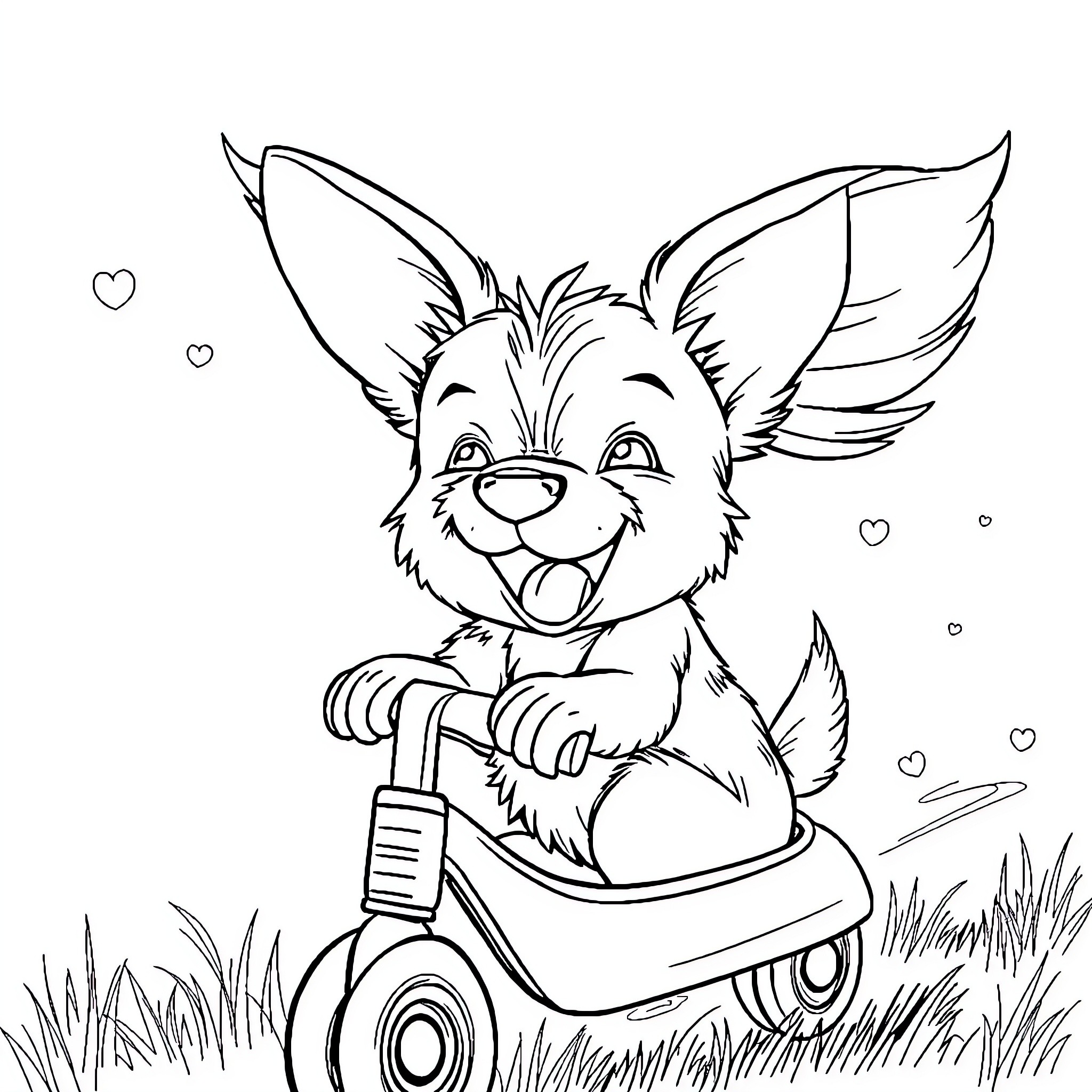 Puppy riding a tricycle with excitement Coloring Page (free black-and-white line drawing printable PDF for all, from beginners to advanced learners, including children, teens, adults, and seniors)