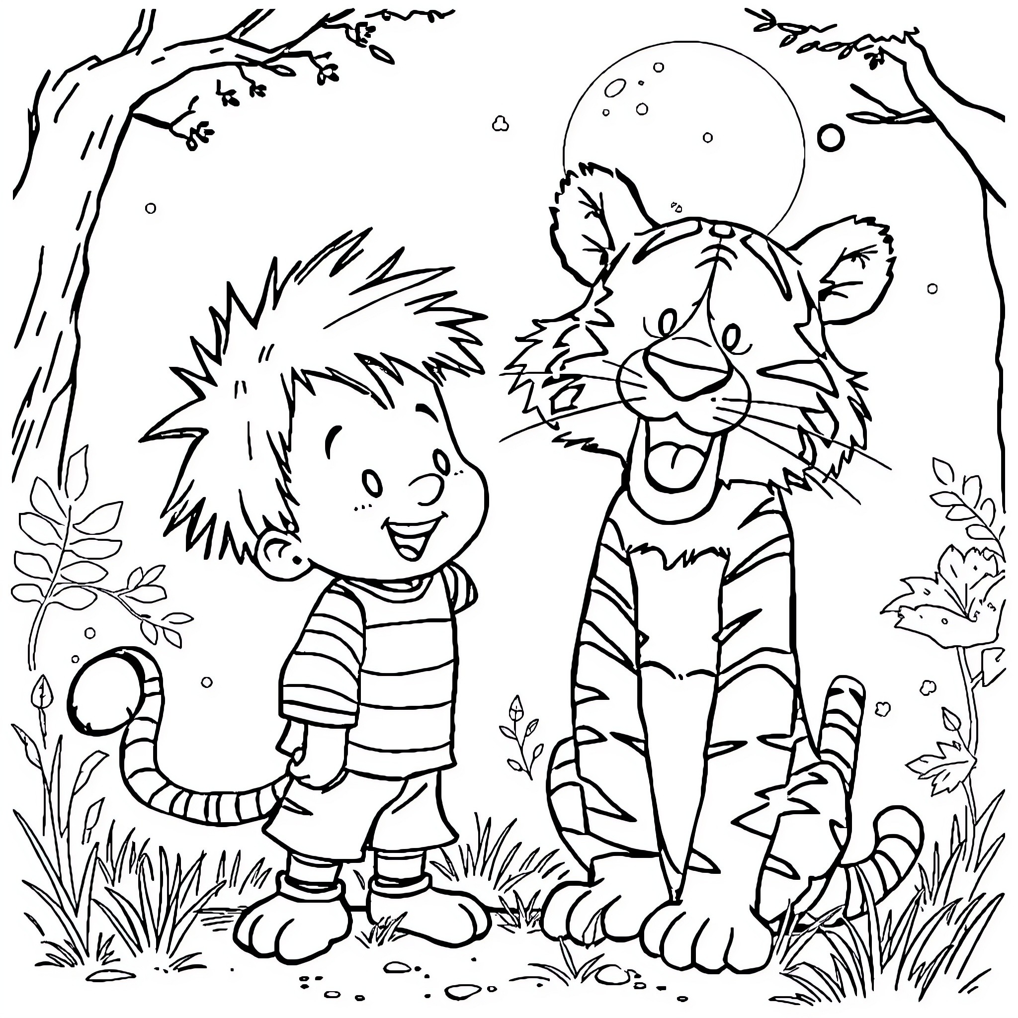 Calvin and Hobbes playing in the forest Coloring Page (free black-and-white line drawing printable PDF for all, from beginners to advanced learners, including children, teens, adults, and seniors)