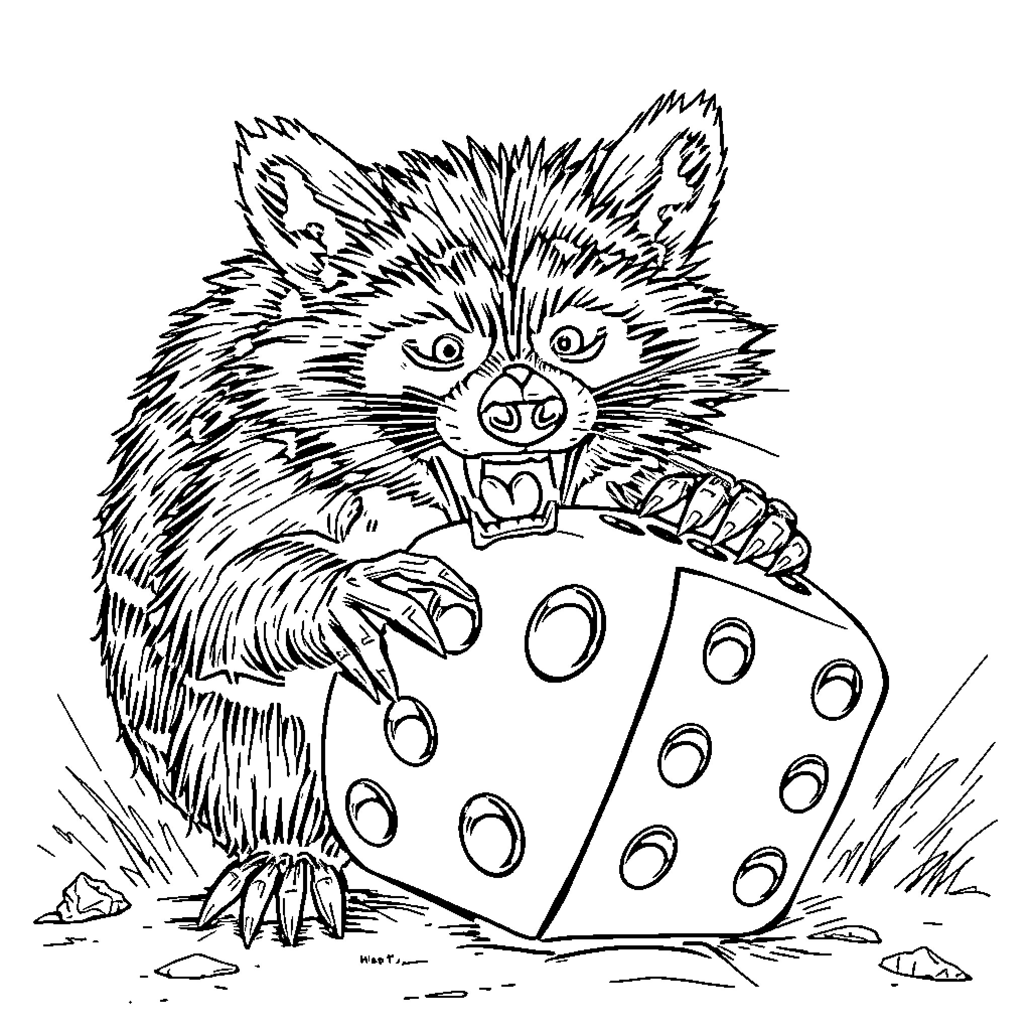 Raccoon Playfully Rolling Dice Coloring Page (free black-and-white line drawing printable PDF for all, from beginners to advanced learners, including children, teens, adults, and seniors)