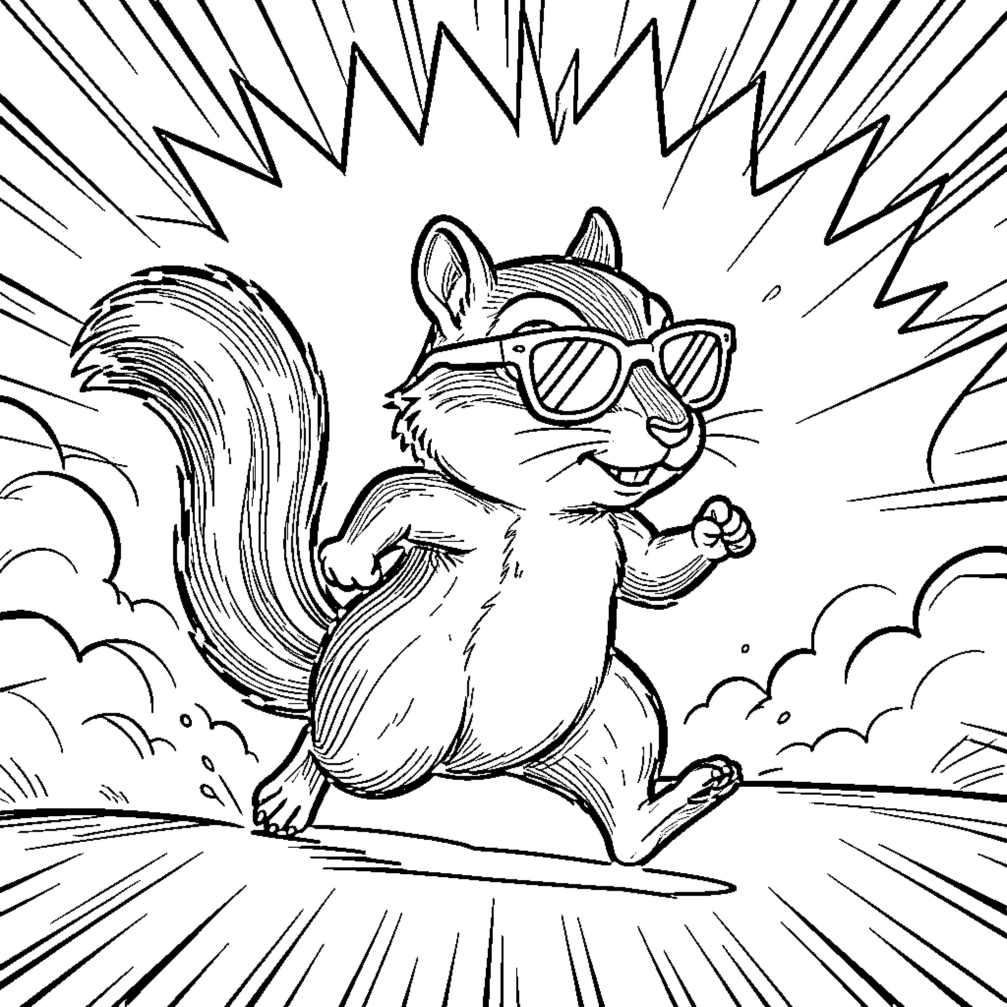 Chipmunk surfing through a comic-style explosion Coloring Page (free black-and-white line drawing printable PDF for all, from beginners to advanced learners, including children, teens, adults, and seniors)