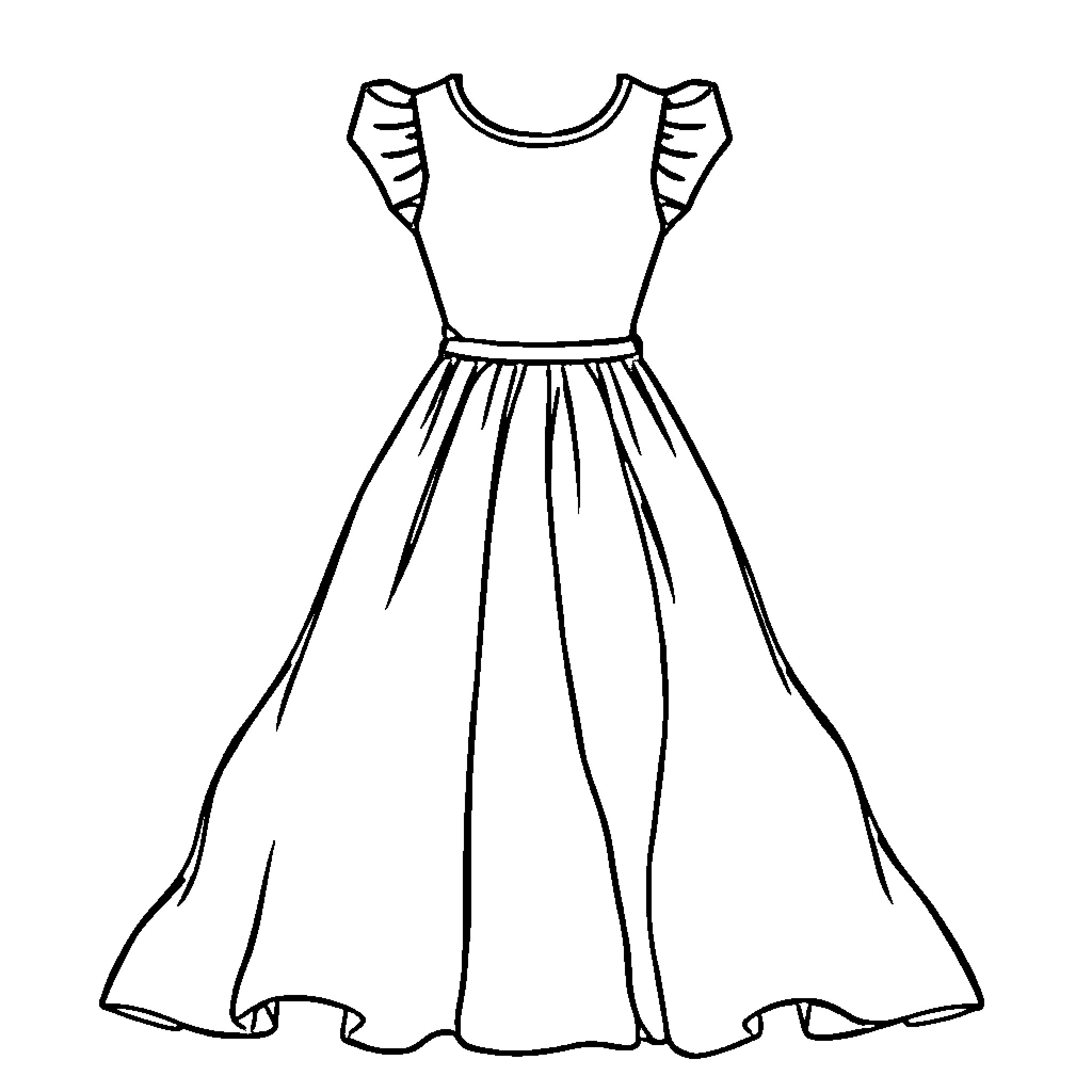 Dress with Ruffled Sleeves and Flowing Skirt Coloring Page (free black-and-white line drawing printable PDF for all, from beginners to advanced learners, including children, teens, adults, and seniors)