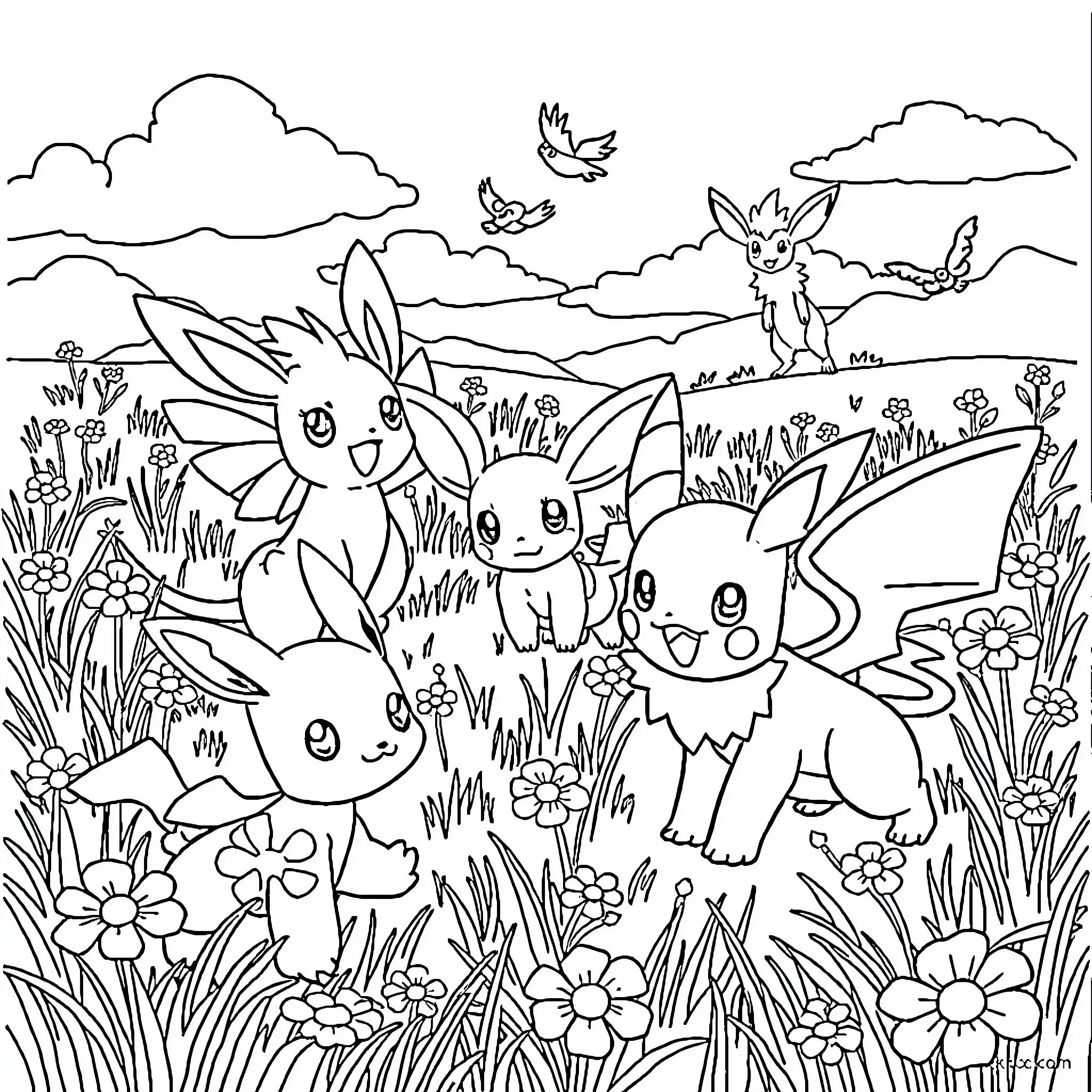 Pokémon playing joyfully in a meadow filled with flowers Coloring Page (free black-and-white line drawing printable PDF for all, from beginners to advanced learners, including children, teens, adults, and seniors)