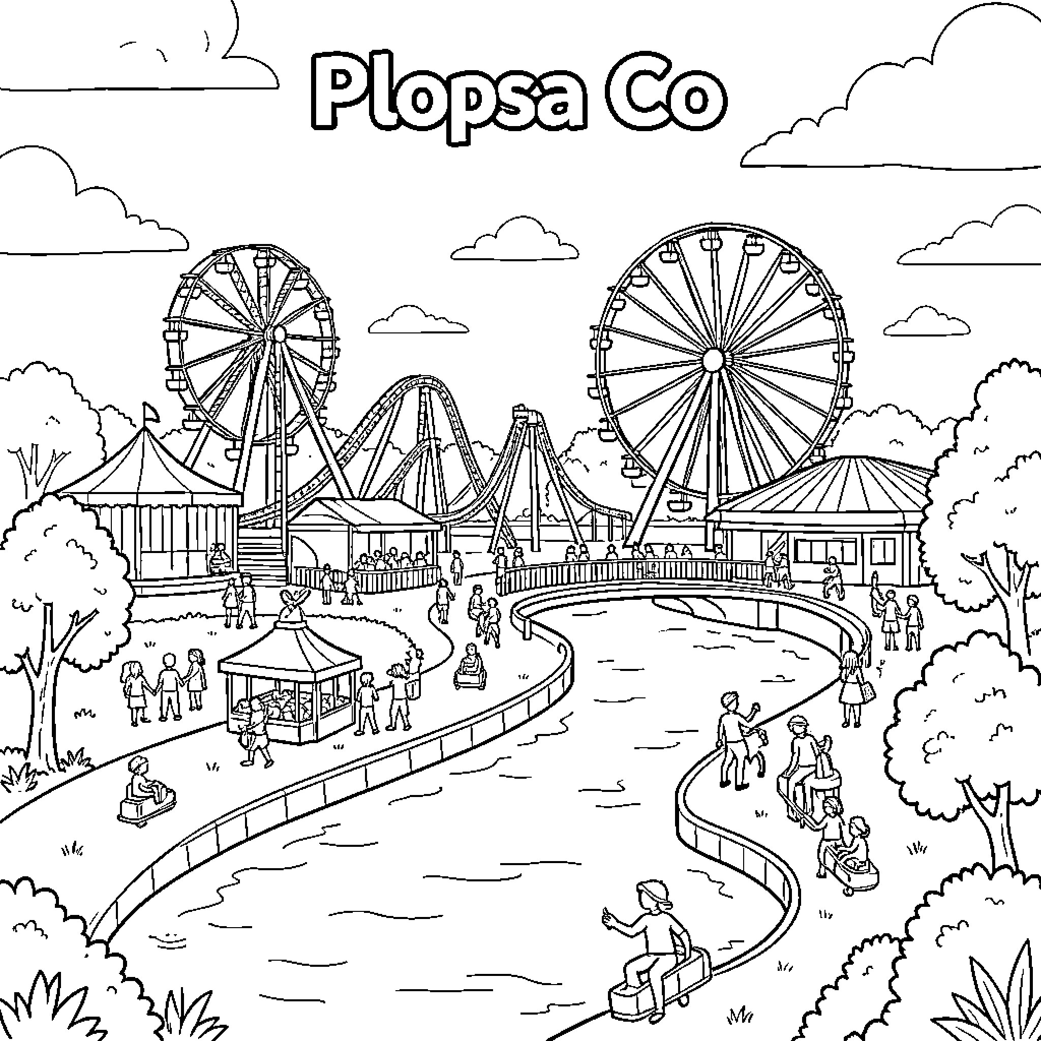 Plopsa Co amusement park with rides and people Coloring Page (free black-and-white line drawing printable PDF for all, from beginners to advanced learners, including children, teens, adults, and seniors)