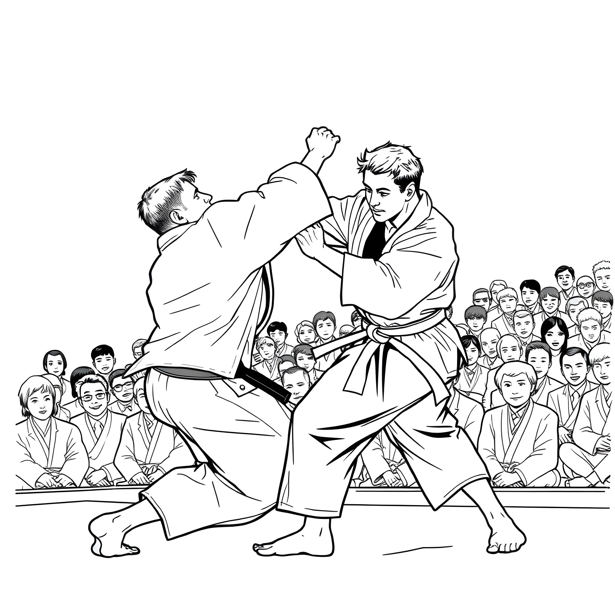 Judo Grappling Contest Between Athletes in Traditional Uniforms Coloring Page (free black-and-white line drawing printable PDF for all, from beginners to advanced learners, including children, teens, adults, and seniors)