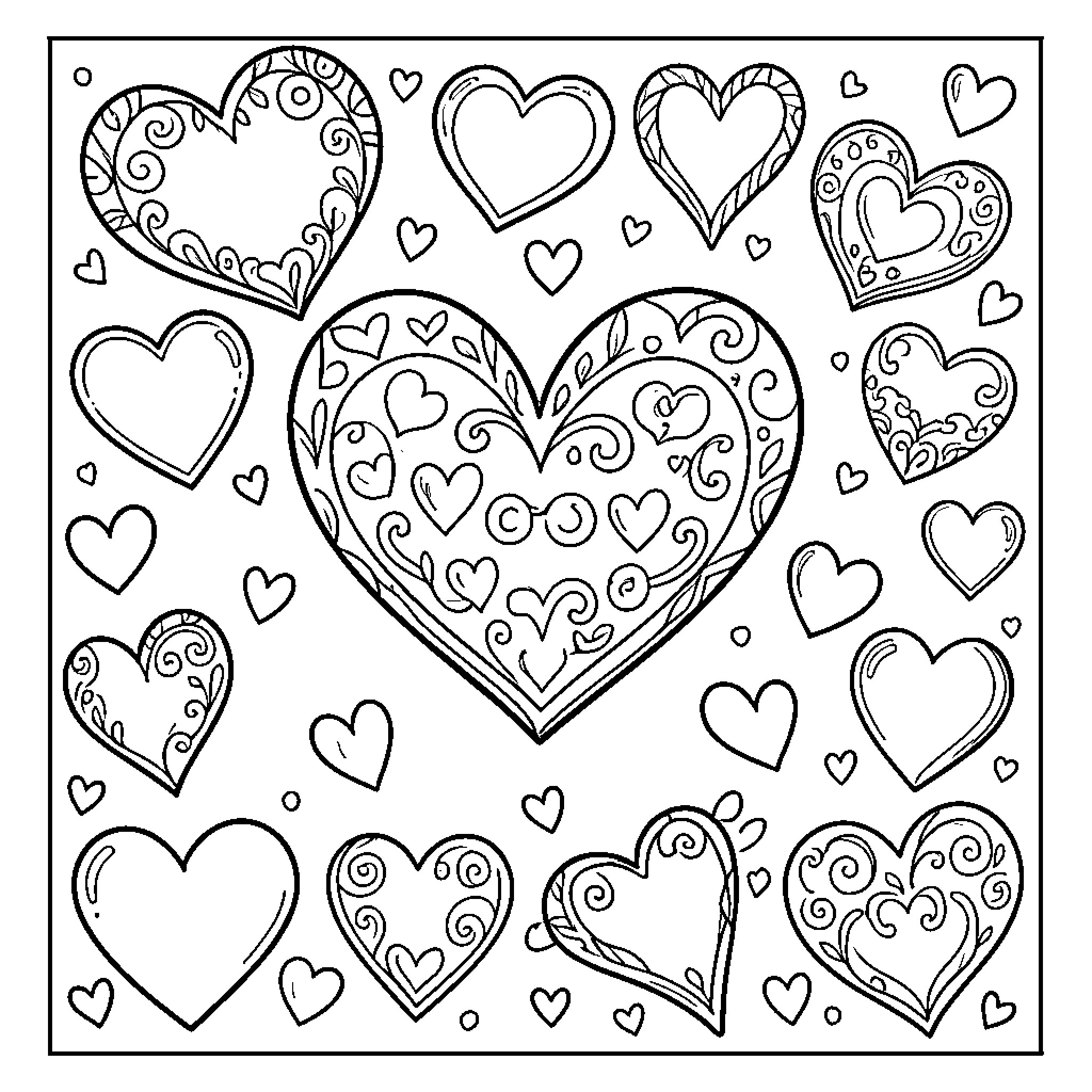 Heart patterns swirling in a decorative arrangement Coloring Page (free black-and-white line drawing printable PDF for all, from beginners to advanced learners, including children, teens, adults, and seniors)
