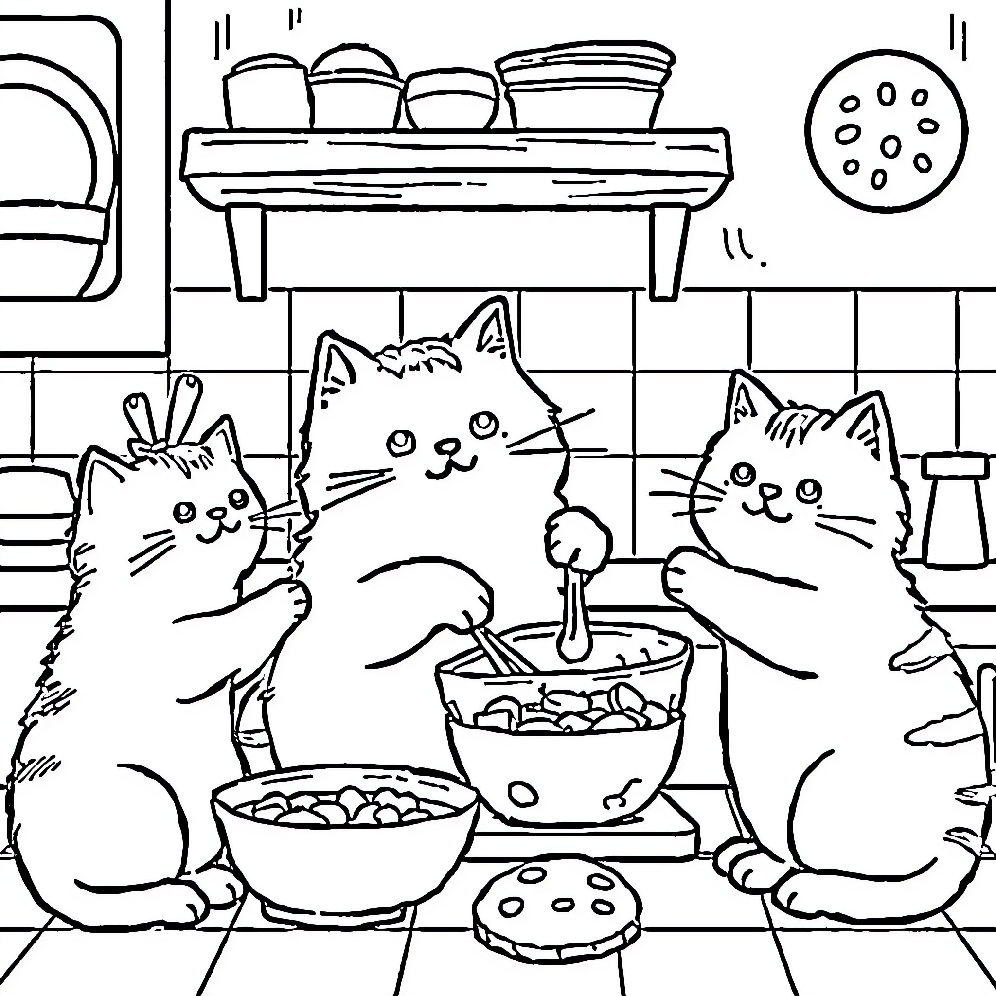 Pusheen Cats Cooking and Eating in the Kitchen Coloring Page (free black-and-white line drawing printable PDF for all, from beginners to advanced learners, including children, teens, adults, and seniors)