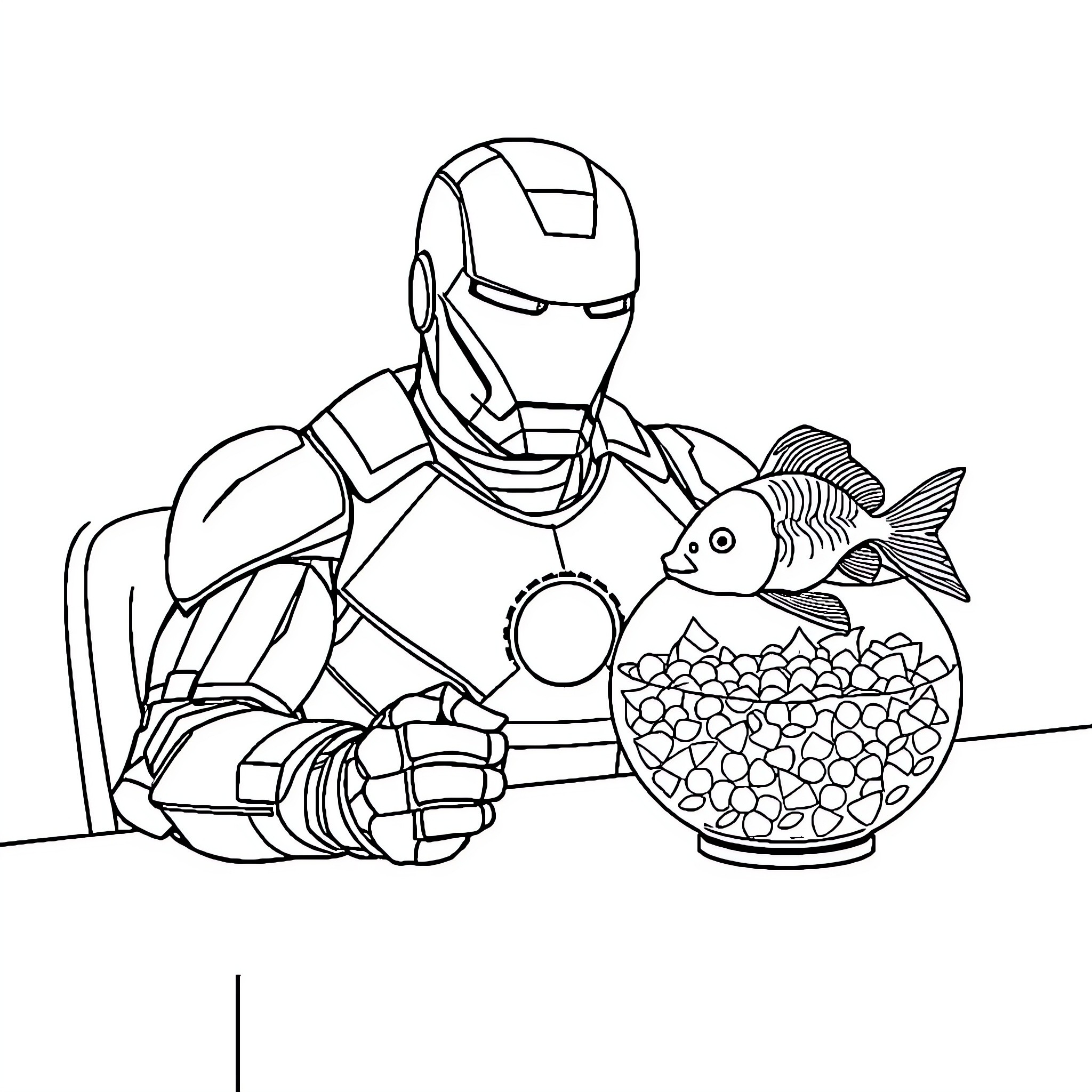 Ironman admiring a fish in a bowl Coloring Page (free black-and-white line drawing printable PDF for all, from beginners to advanced learners, including children, teens, adults, and seniors)