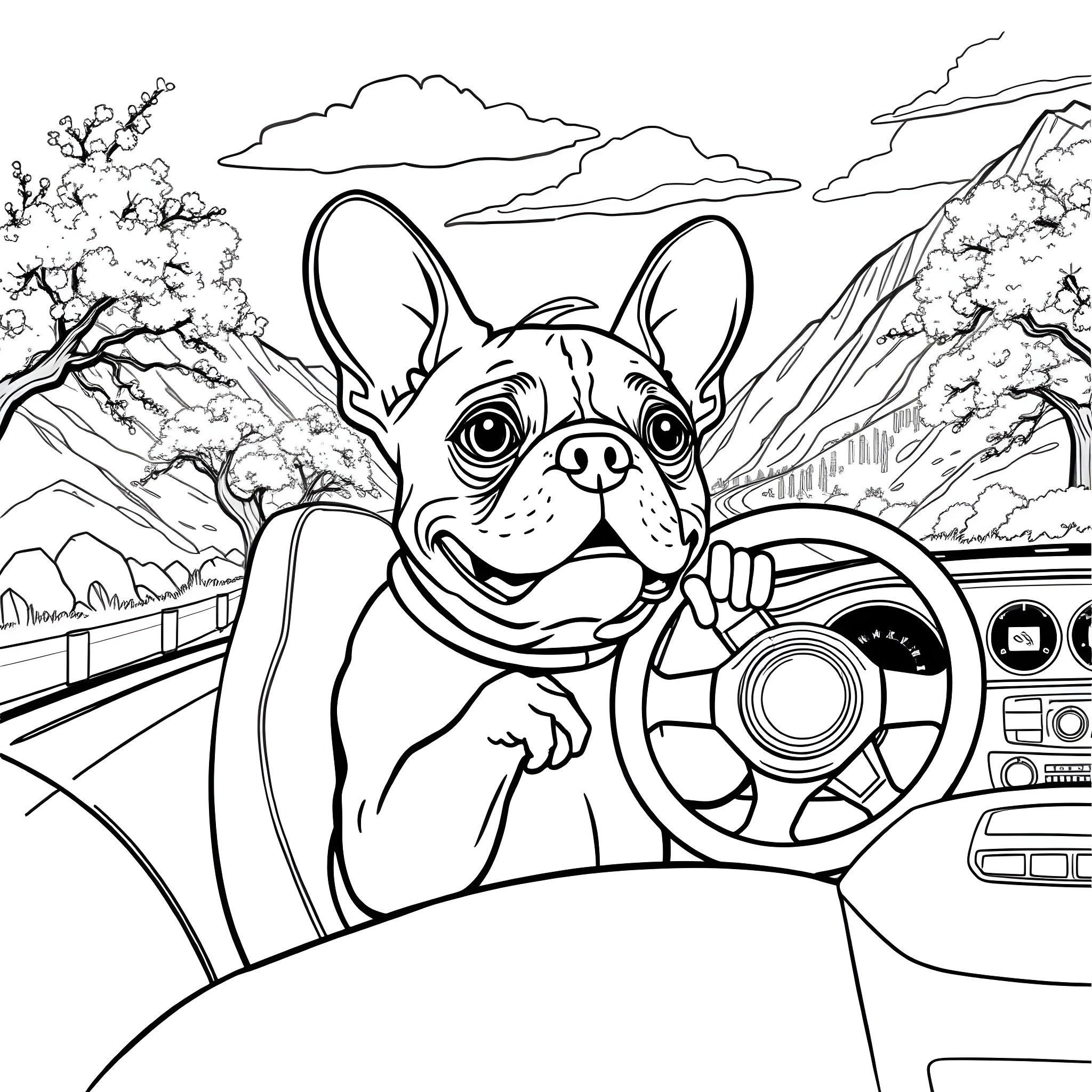 French Bulldog driving car on winding mountain road Coloring Page (free black-and-white line drawing printable PDF for all, from beginners to advanced learners, including children, teens, adults, and seniors)