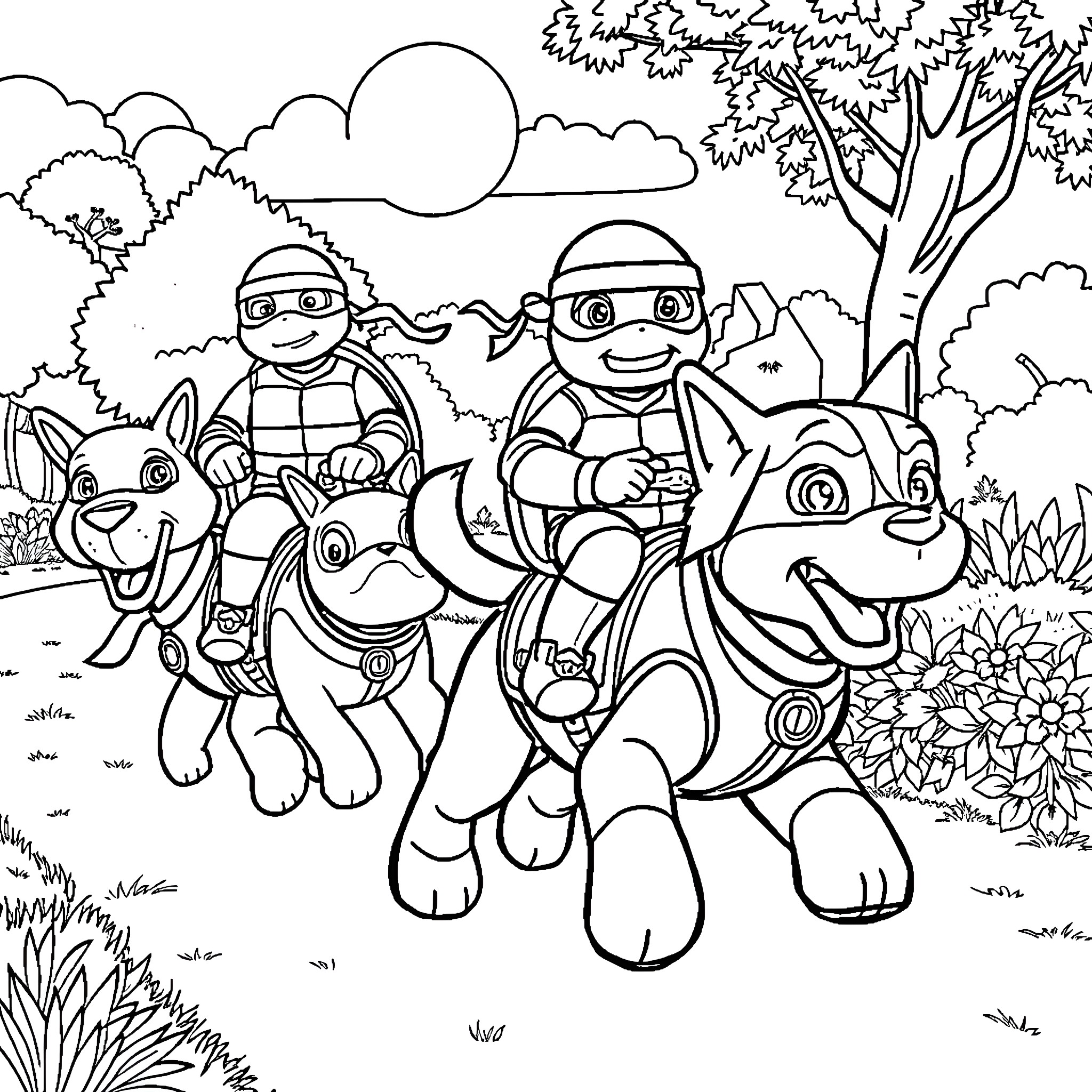 Ninja Turtle friends enjoying an outdoor adventure Coloring Page (free black-and-white line drawing printable PDF for all, from beginners to advanced learners, including children, teens, adults, and seniors)