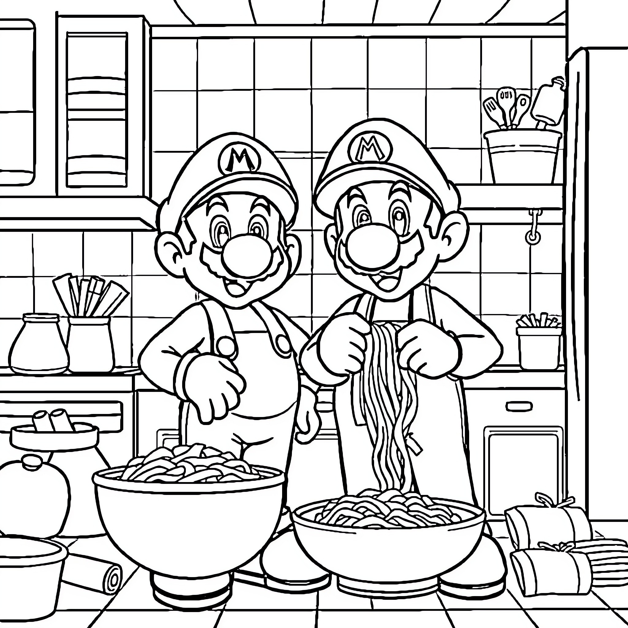 Mario Brothers Cooking Pasta in the Kitchen Coloring Page (free black-and-white line drawing printable PDF for all, from beginners to advanced learners, including children, teens, adults, and seniors)