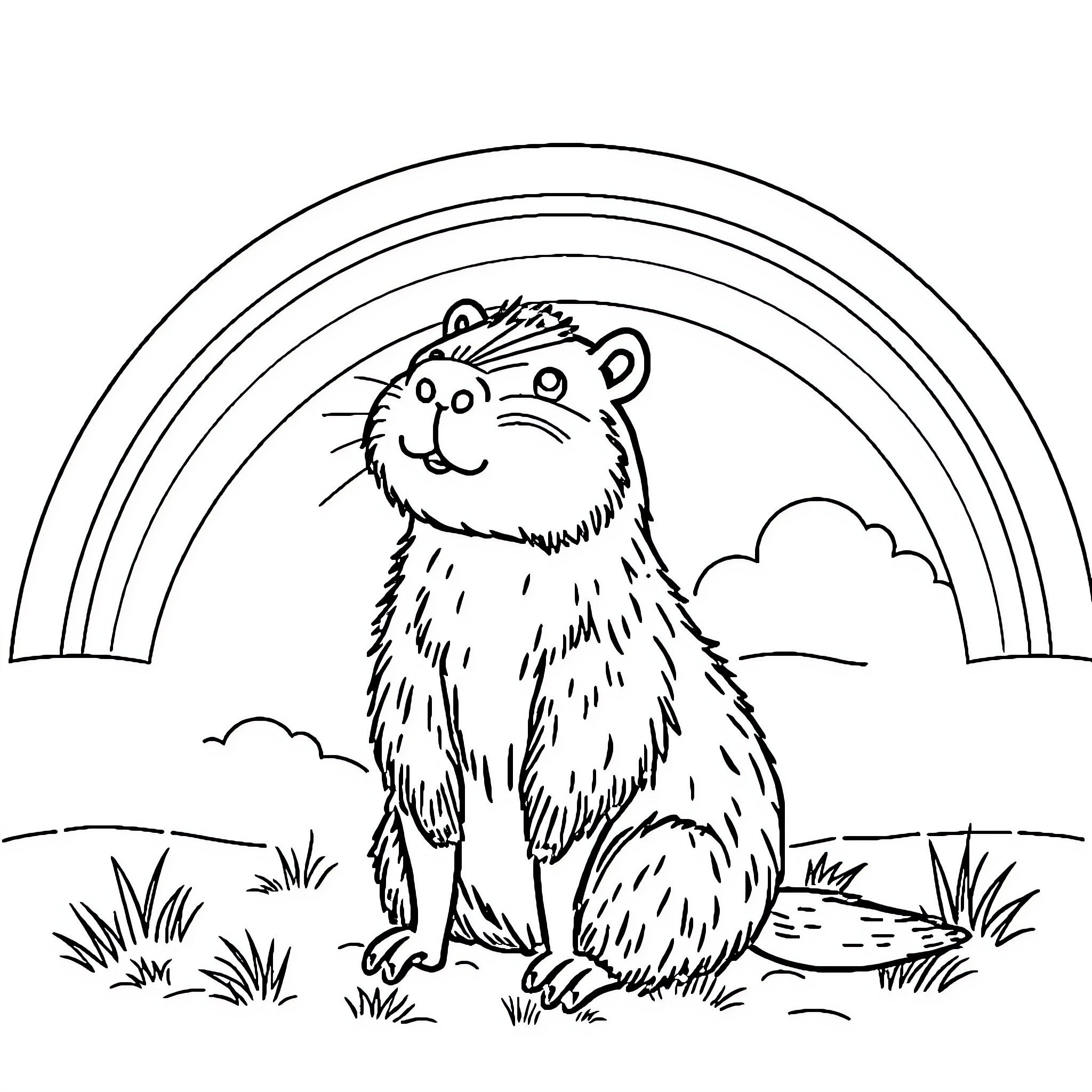 Capybara exploring a whimsical landscape Coloring Page (free black-and-white line drawing printable PDF for all, from beginners to advanced learners, including children, teens, adults, and seniors)