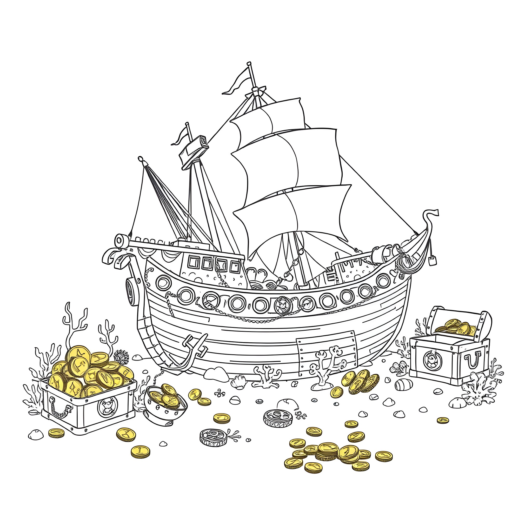 Pirate Ship Loaded with Treasure and Coins Coloring Page (free black-and-white line drawing printable PDF for all, from beginners to advanced learners, including children, teens, adults, and seniors)