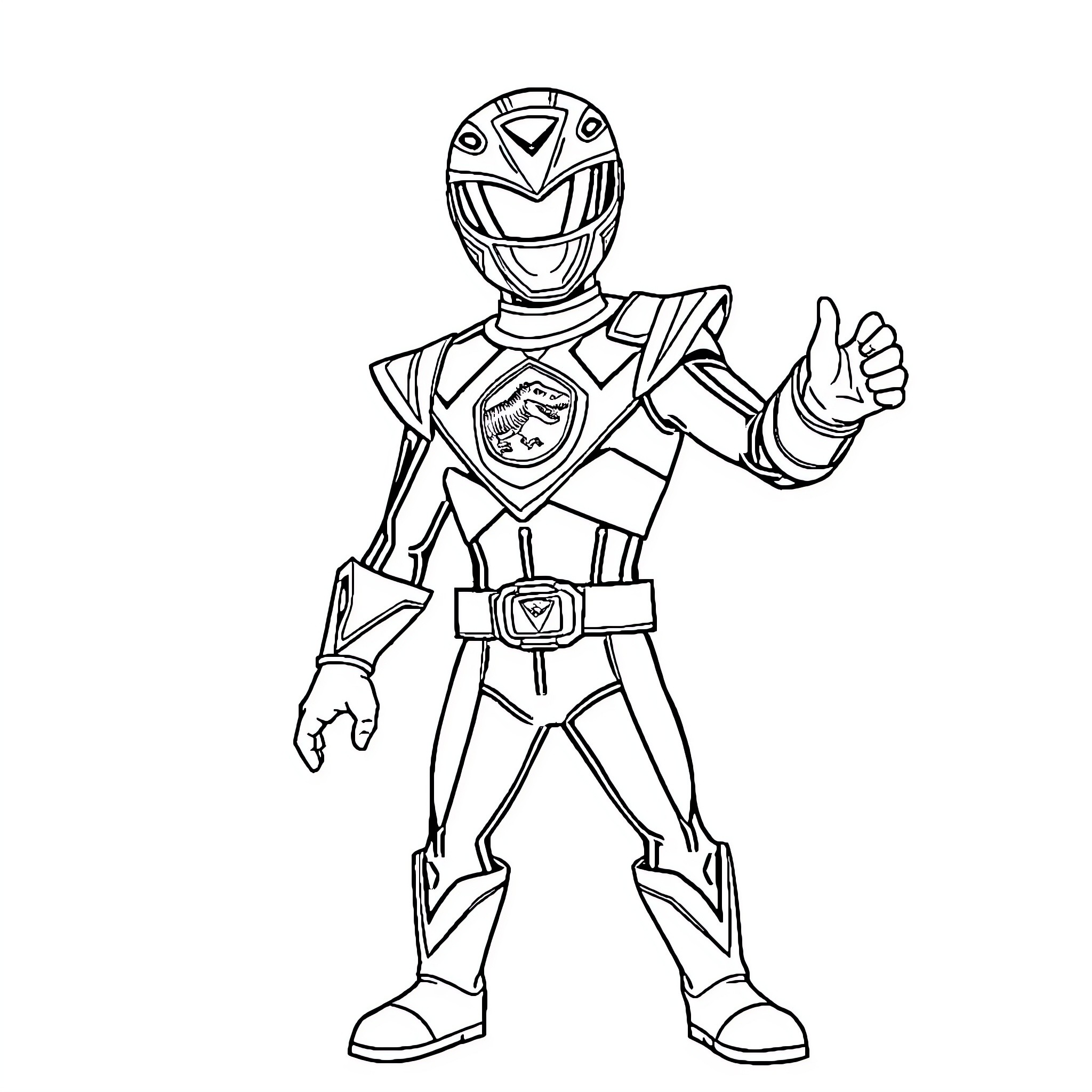 Power Ranger in Action Pose with Emblem Coloring Page (free black-and-white line drawing printable PDF for all, from beginners to advanced learners, including children, teens, adults, and seniors)