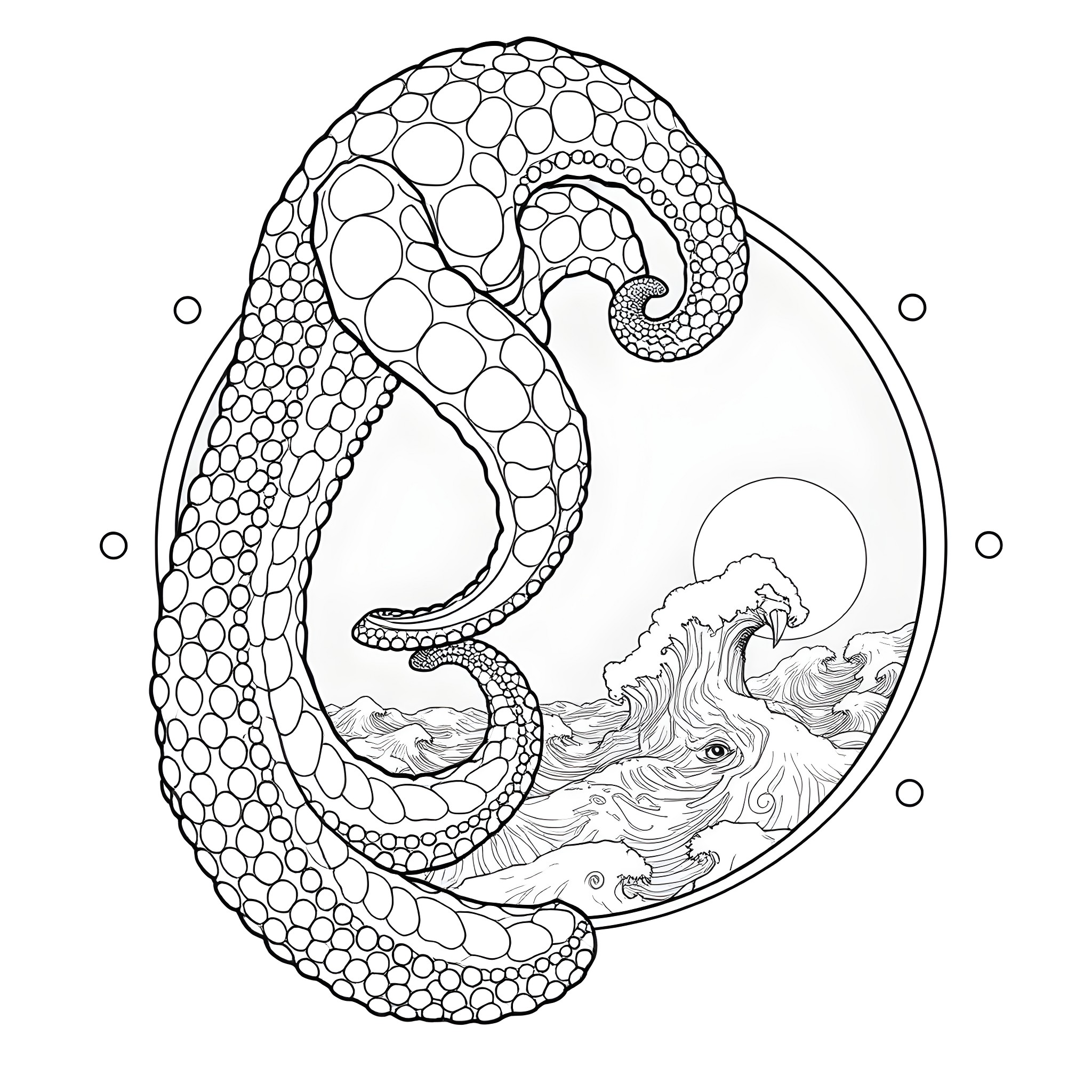 Kraken unleashing its power in a circular frame Coloring Page (free black-and-white line drawing printable PDF for all, from beginners to advanced learners, including children, teens, adults, and seniors)