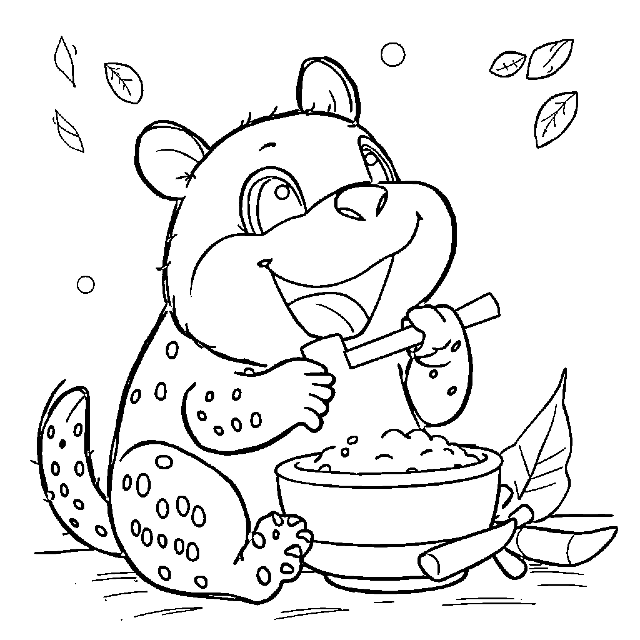 Tatou enjoying a hearty meal in nature Coloring Page (free black-and-white line drawing printable PDF for all, from beginners to advanced learners, including children, teens, adults, and seniors)