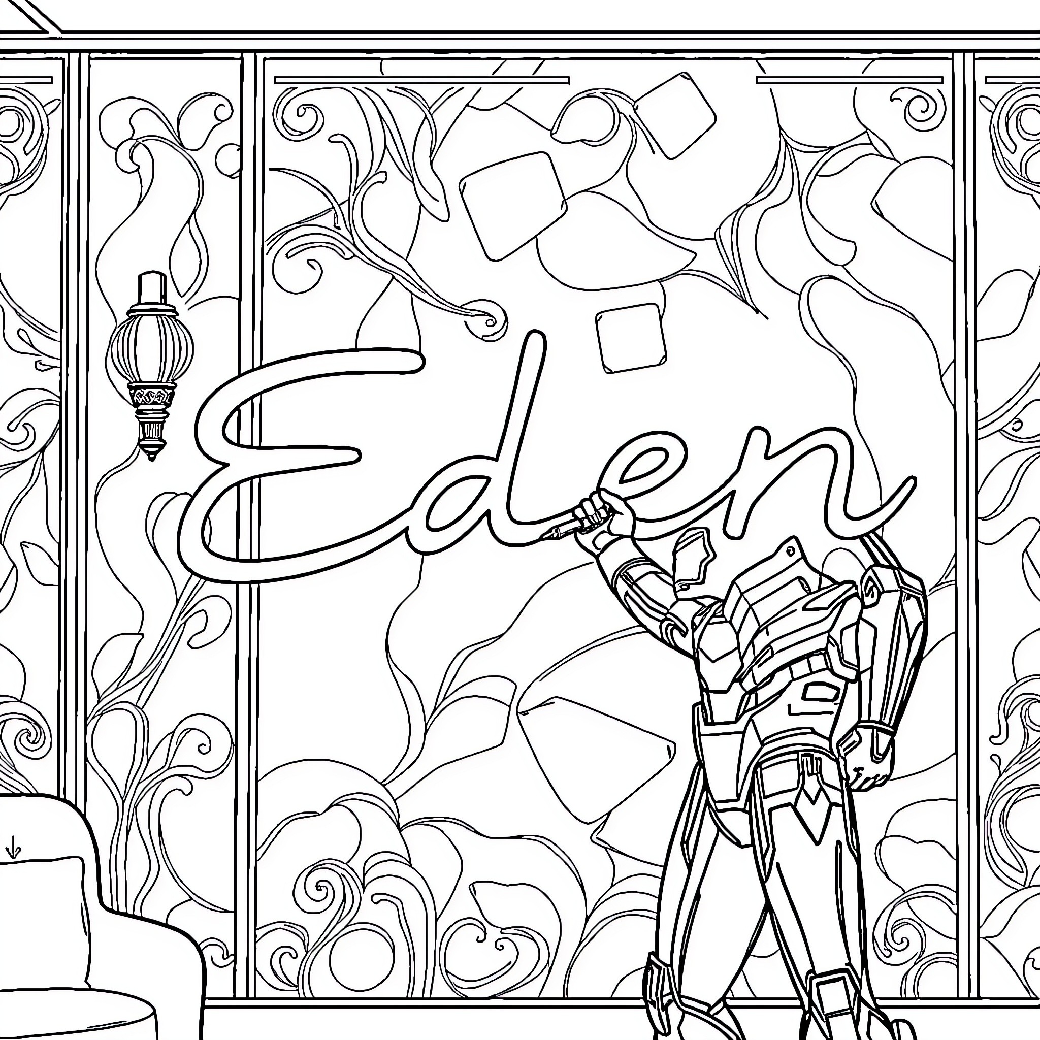 Iron Man Inspired Artistic Coloring Page Coloring Page (free black-and-white line drawing printable PDF for all, from beginners to advanced learners, including children, teens, adults, and seniors)
