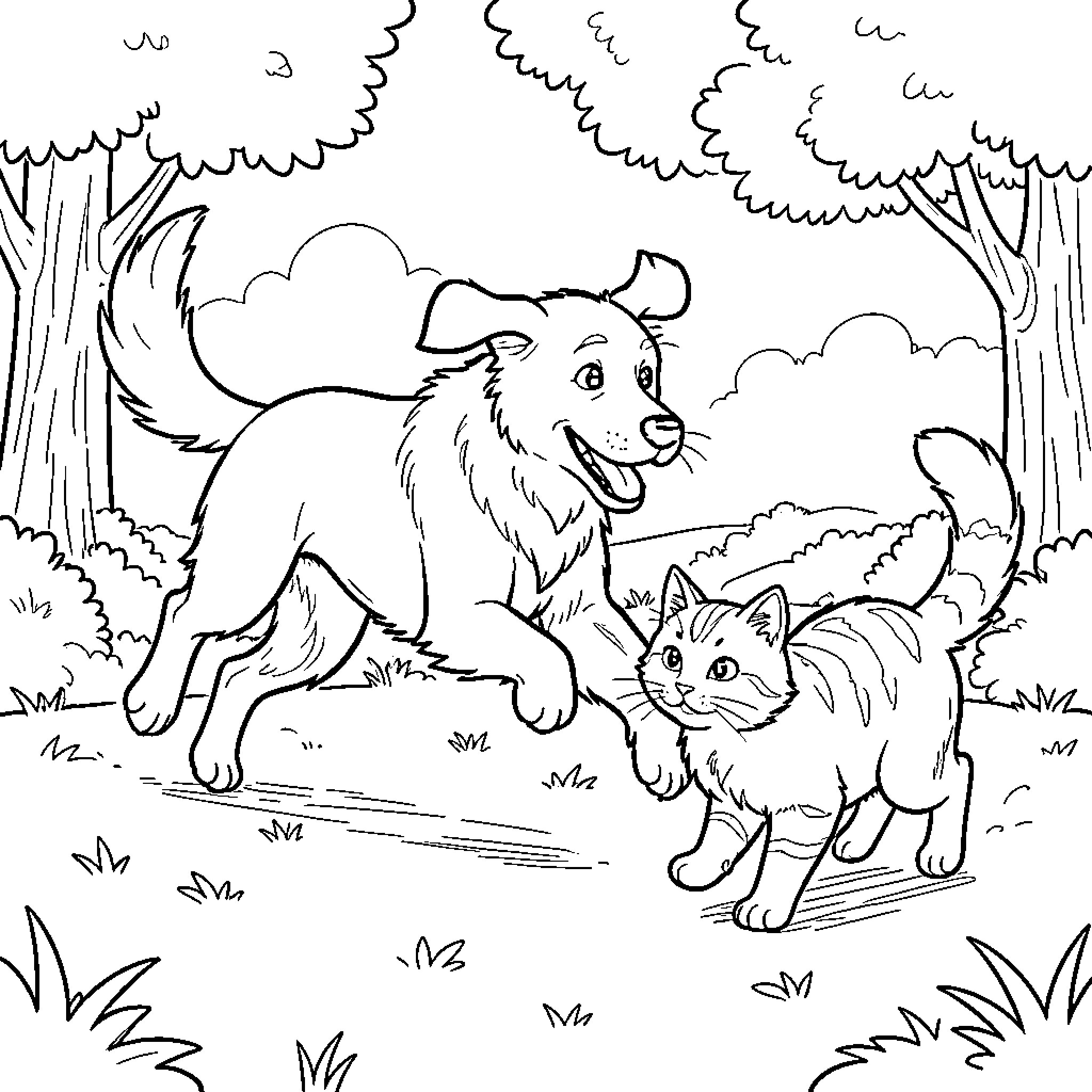 Perro and cat running joyfully through the woods Coloring Page (free black-and-white line drawing printable PDF for all, from beginners to advanced learners, including children, teens, adults, and seniors)