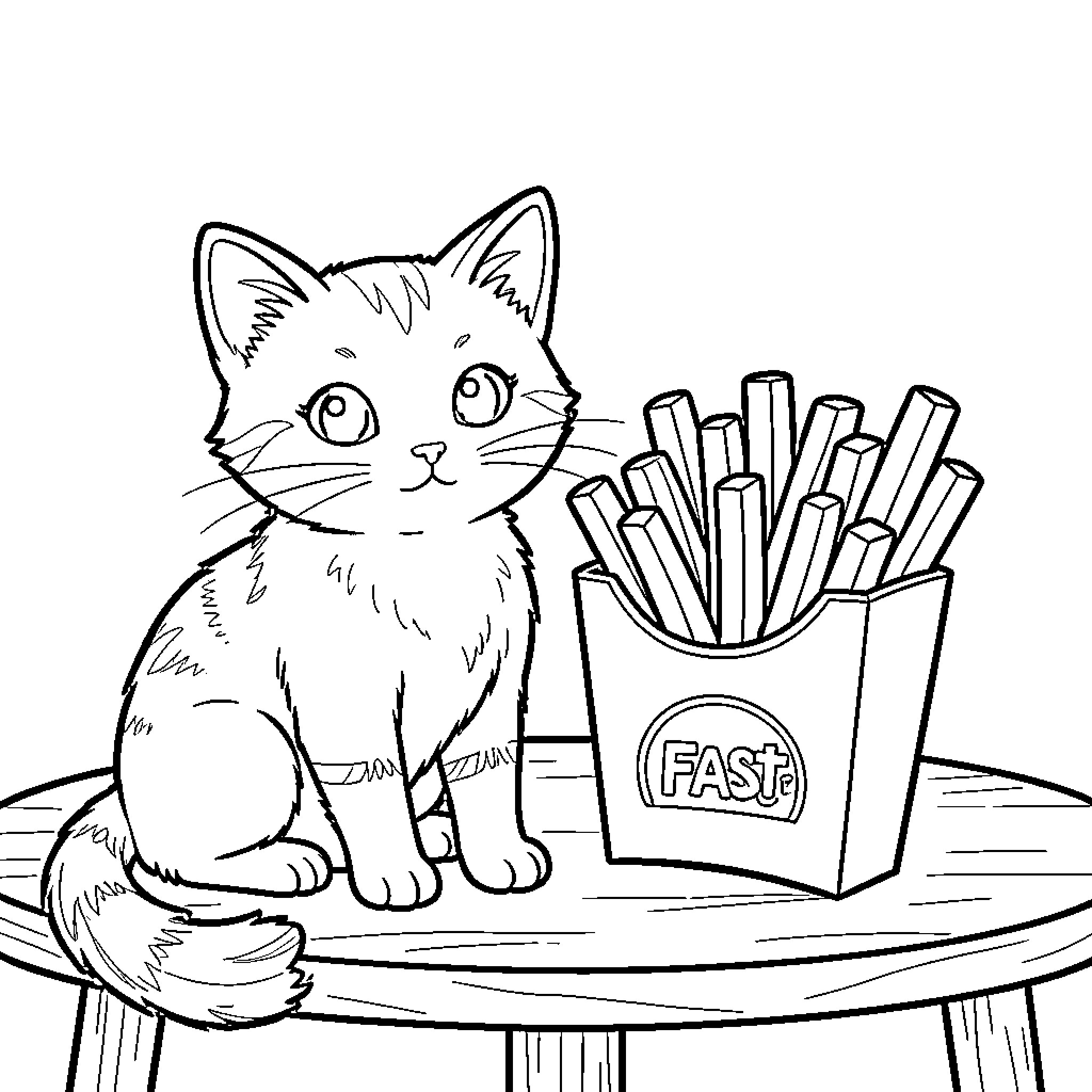 Kitten sitting beside a container of french fries Coloring Page (free black-and-white line drawing printable PDF for all, from beginners to advanced learners, including children, teens, adults, and seniors)