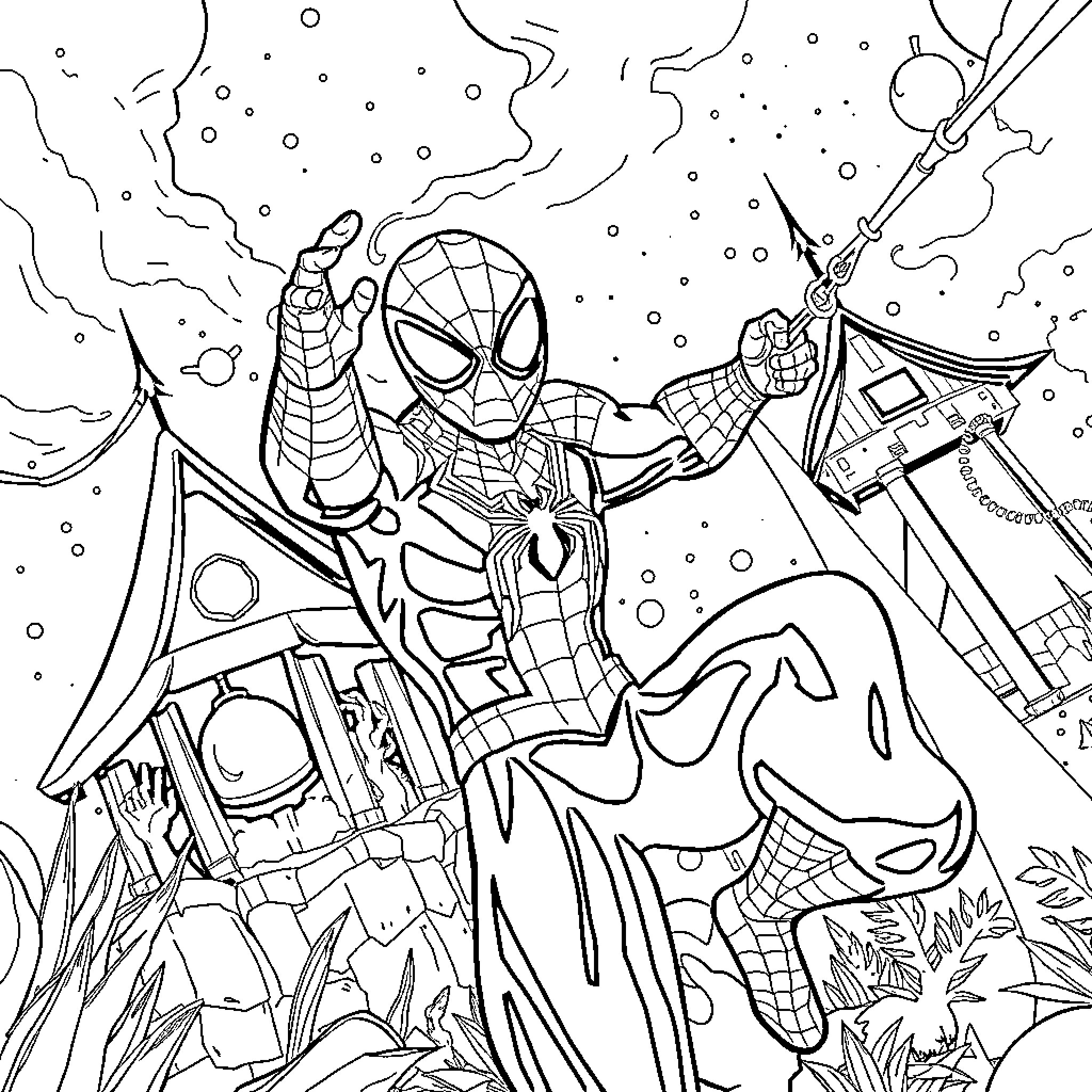 Spiderman swinging through the city at night Coloring Page (free black-and-white line drawing printable PDF for all, from beginners to advanced learners, including children, teens, adults, and seniors)