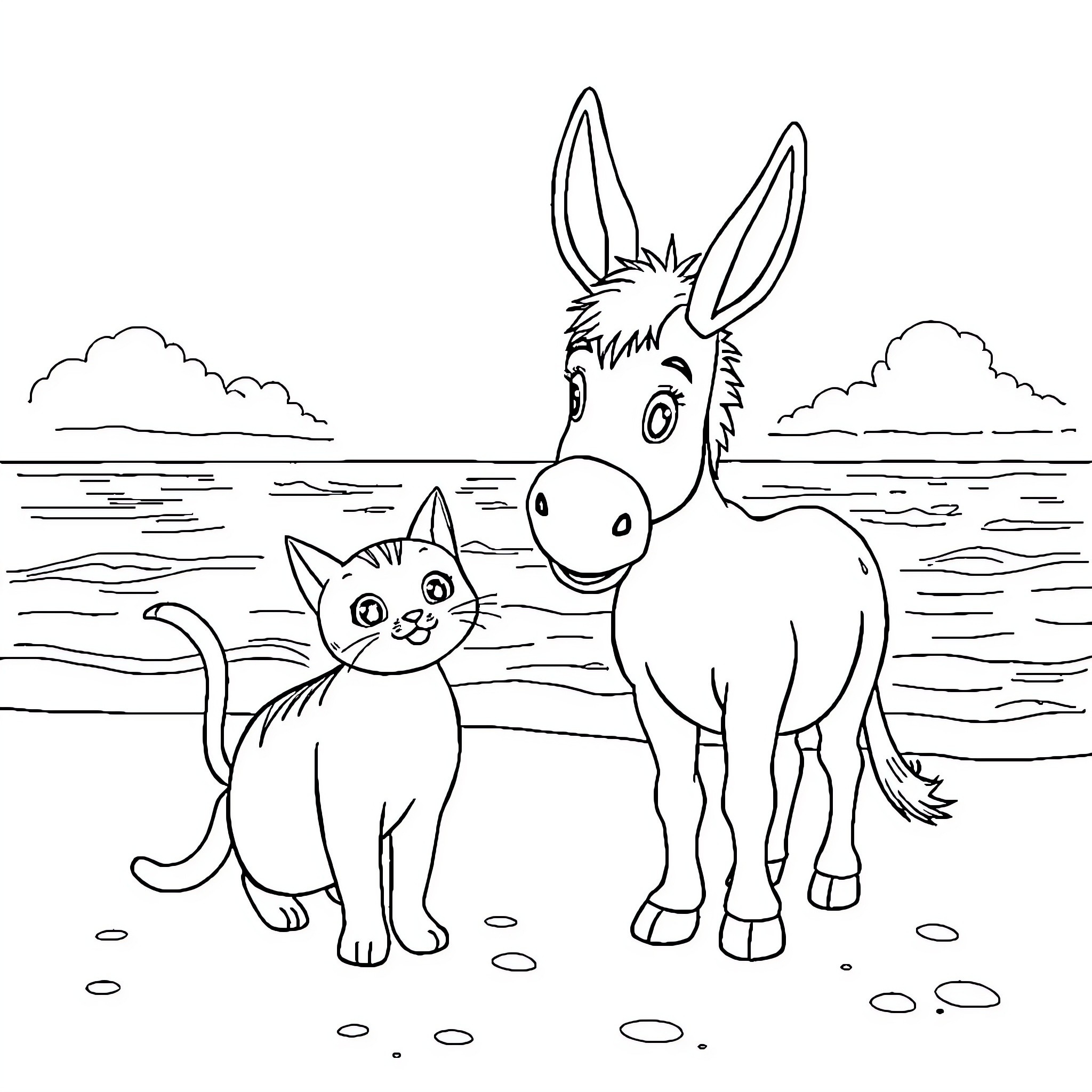 Cat and Donkey Explore the Countryside Coloring Page (free black-and-white line drawing printable PDF for all, from beginners to advanced learners, including children, teens, adults, and seniors)