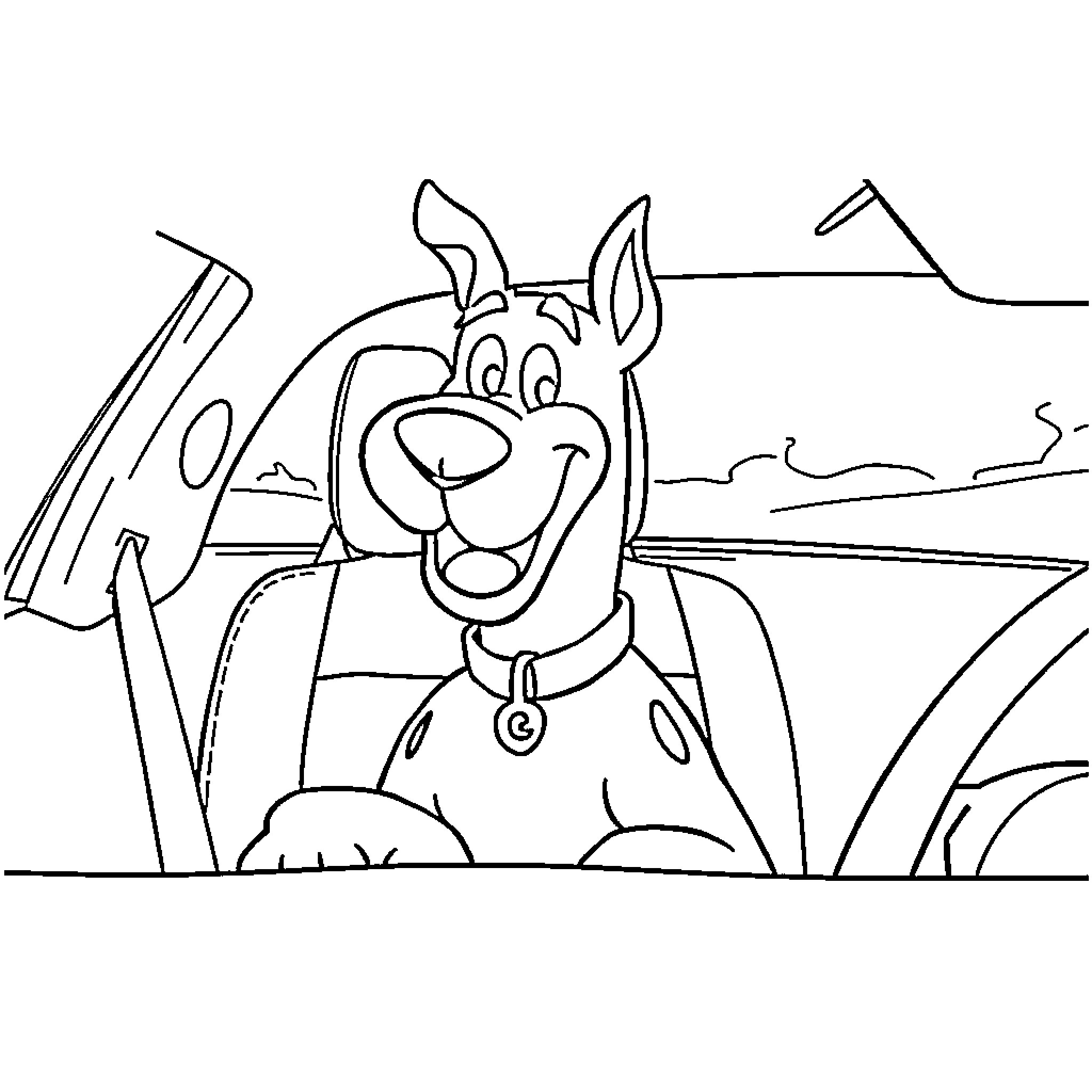 Scooby Doo's Cheerful Adventure Coloring Page (free black-and-white line drawing printable PDF for all, from beginners to advanced learners, including children, teens, adults, and seniors)