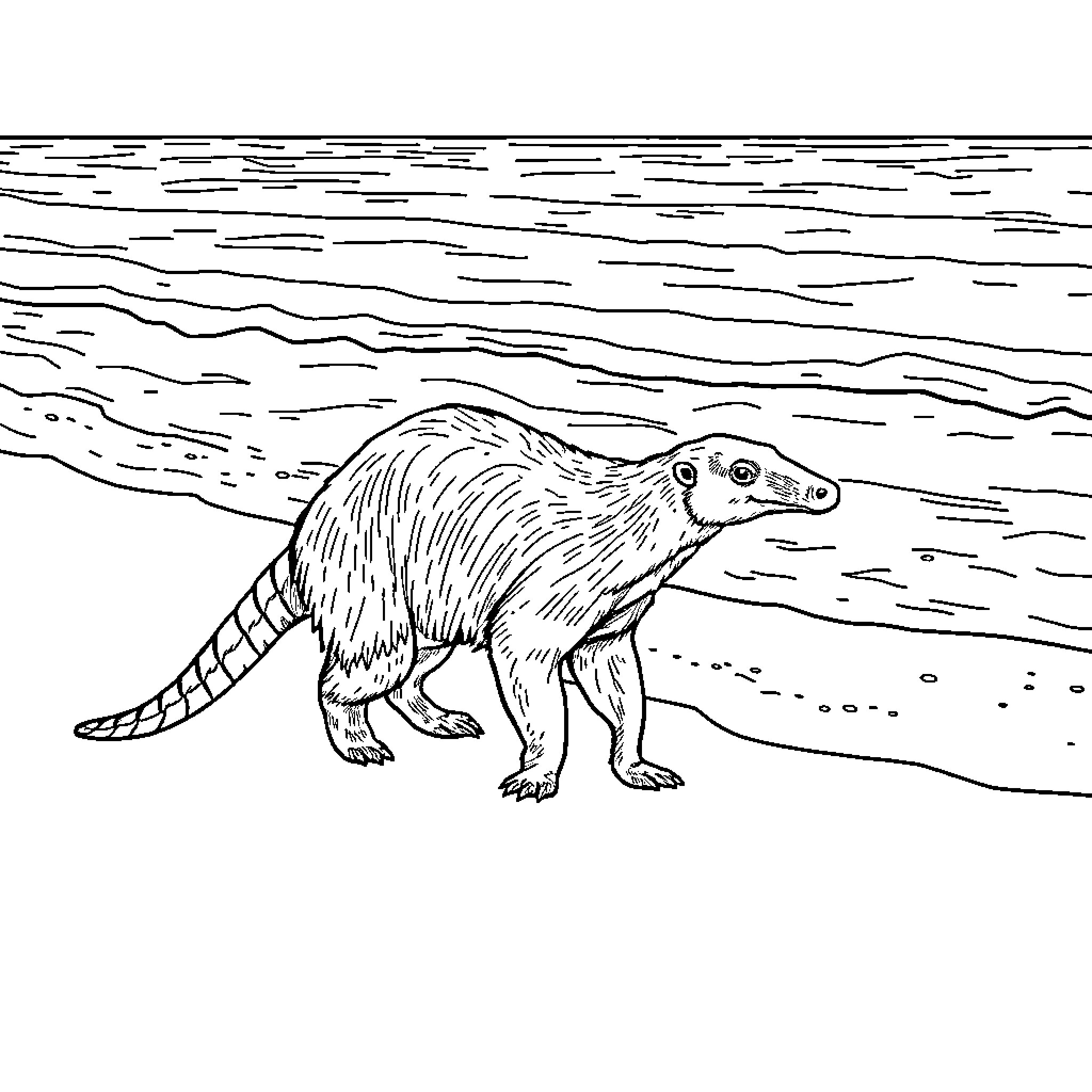 Anteater ambling through a serene landscape Coloring Page (free black-and-white line drawing printable PDF for all, from beginners to advanced learners, including children, teens, adults, and seniors)