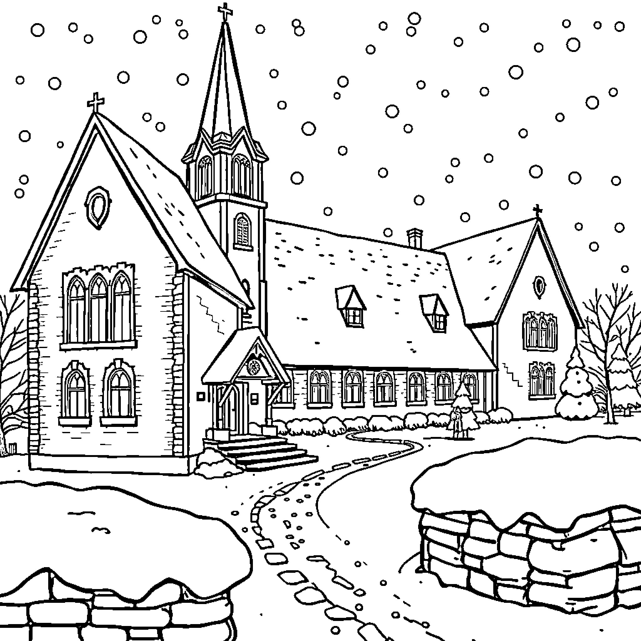 Sint Clemensschool: Picturesque Winter Scene Coloring Page (free black-and-white line drawing printable PDF for all, from beginners to advanced learners, including children, teens, adults, and seniors)