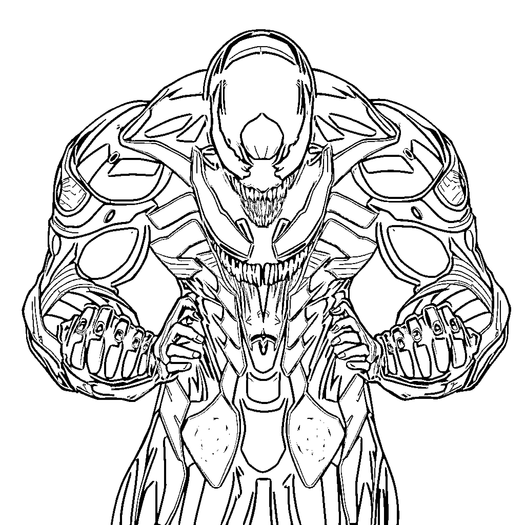 Venom in action-packed battle stance Coloring Page (free black-and-white line drawing printable PDF for all, from beginners to advanced learners, including children, teens, adults, and seniors)