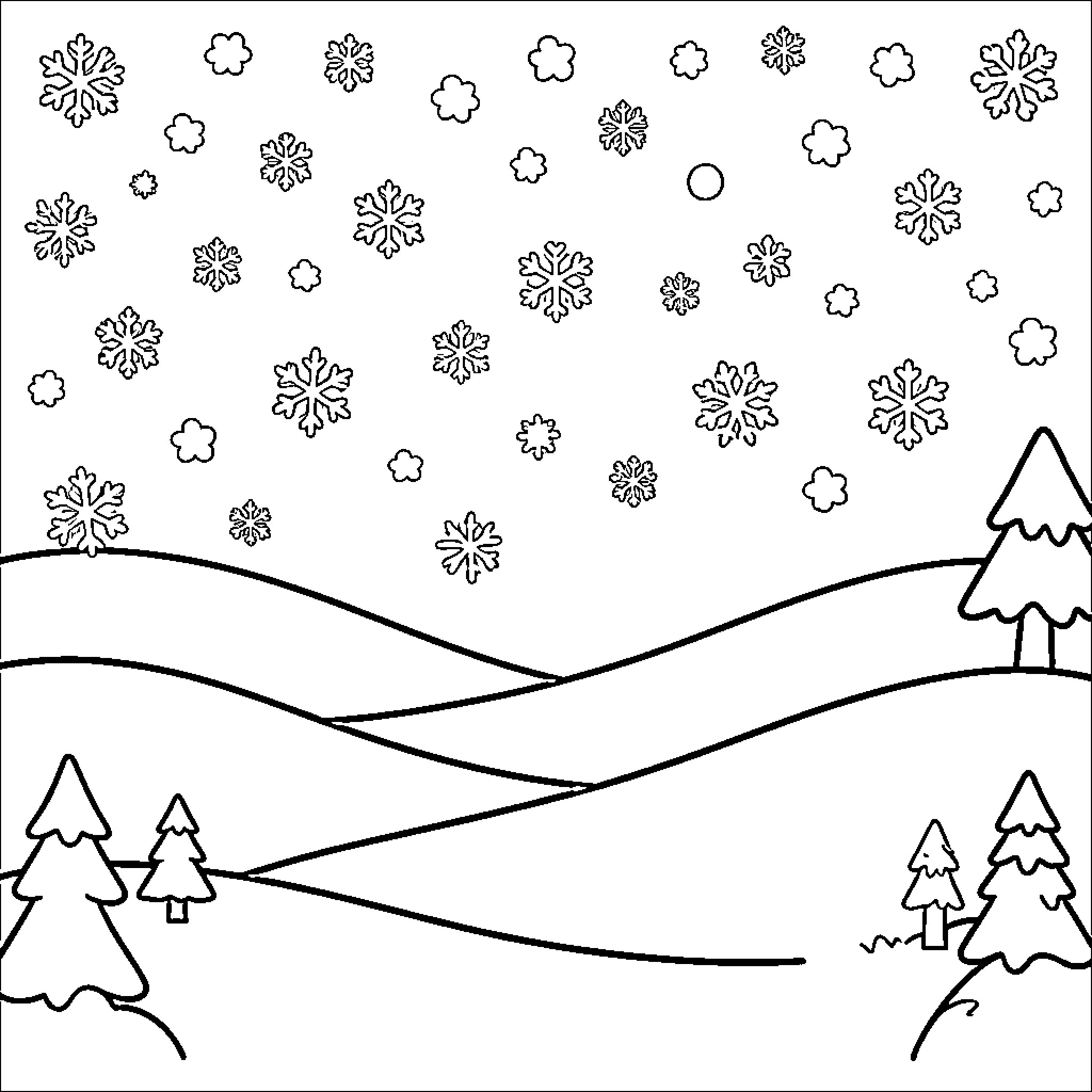 Winter Wonderland with snowflakes falling over hills and trees Coloring Page (free black-and-white line drawing printable PDF for all, from beginners to advanced learners, including children, teens, adults, and seniors)
