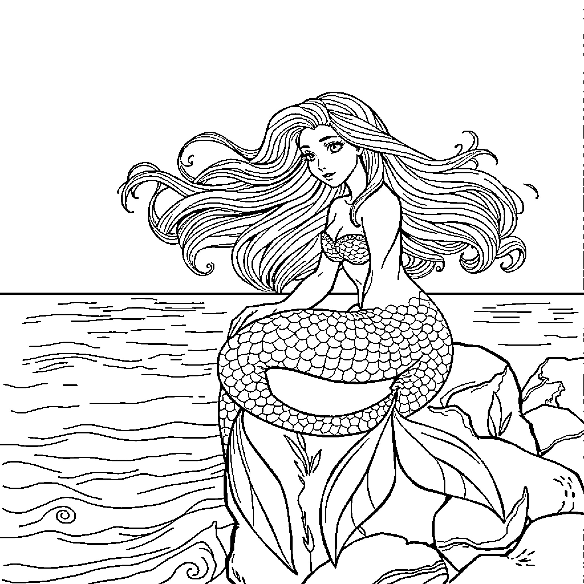 Mermaid with flowing hair in the ocean Coloring Page (free black-and-white line drawing printable PDF for all, from beginners to advanced learners, including children, teens, adults, and seniors)
