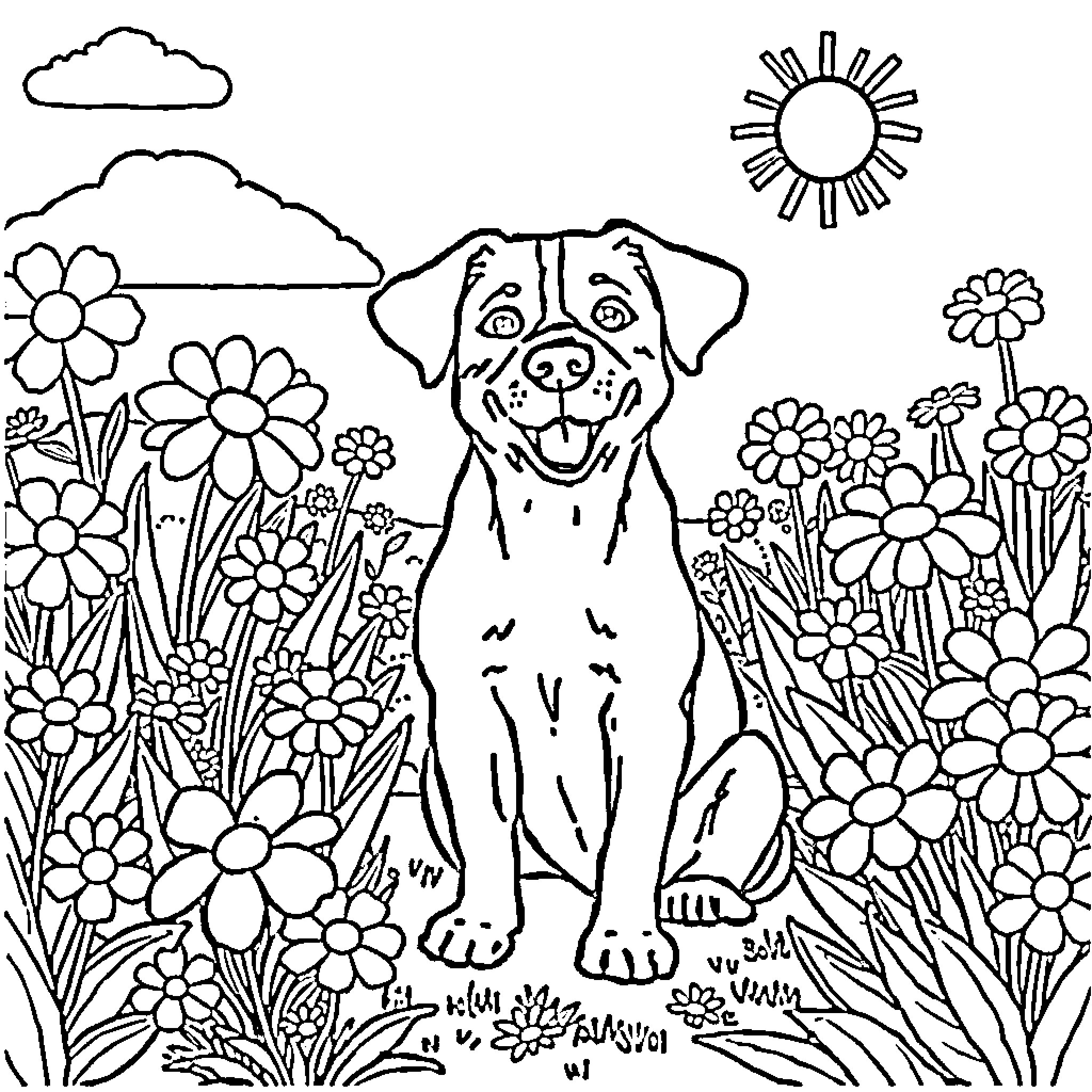 Dog enjoying the flowers in nature Coloring Page (free black-and-white line drawing printable PDF for all, from beginners to advanced learners, including children, teens, adults, and seniors)