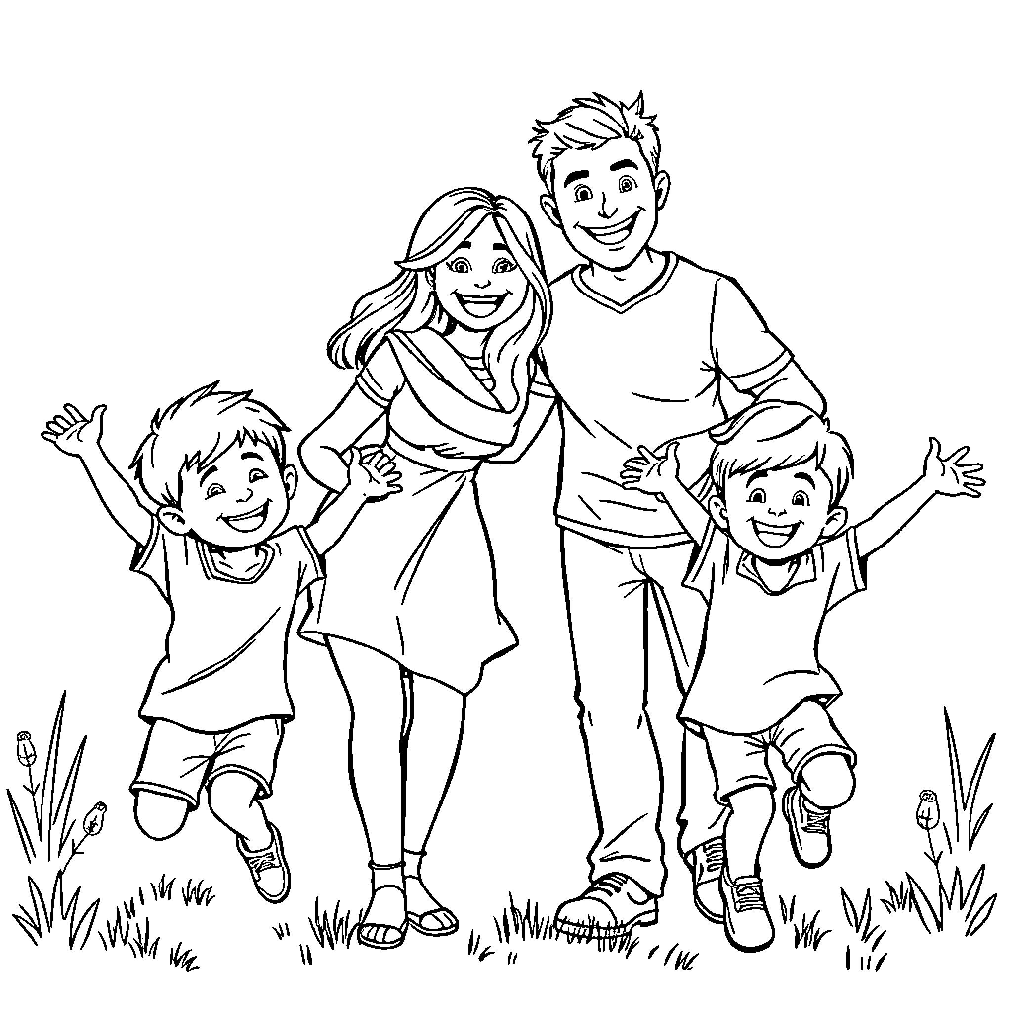 Family Enjoying a Sunny Day Outdoors Coloring Page (free black-and-white line drawing printable PDF for all, from beginners to advanced learners, including children, teens, adults, and seniors)