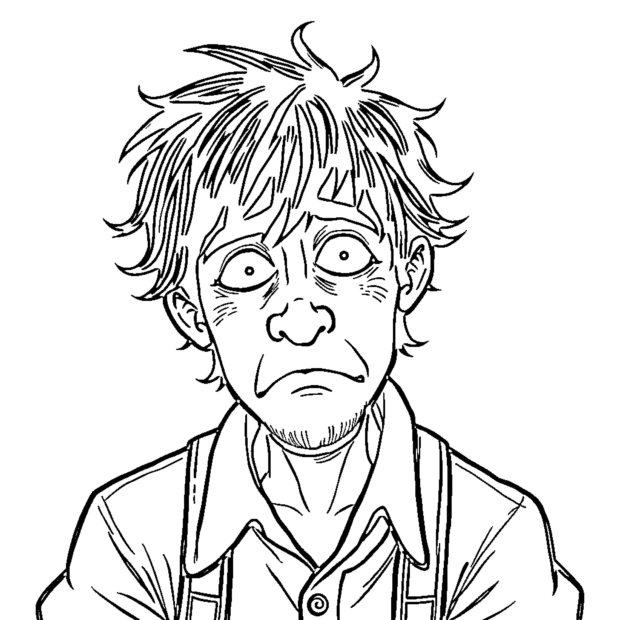 Idiot man with wild hair and bewildered expression Coloring Page (free black-and-white line drawing printable PDF for all, from beginners to advanced learners, including children, teens, adults, and seniors)