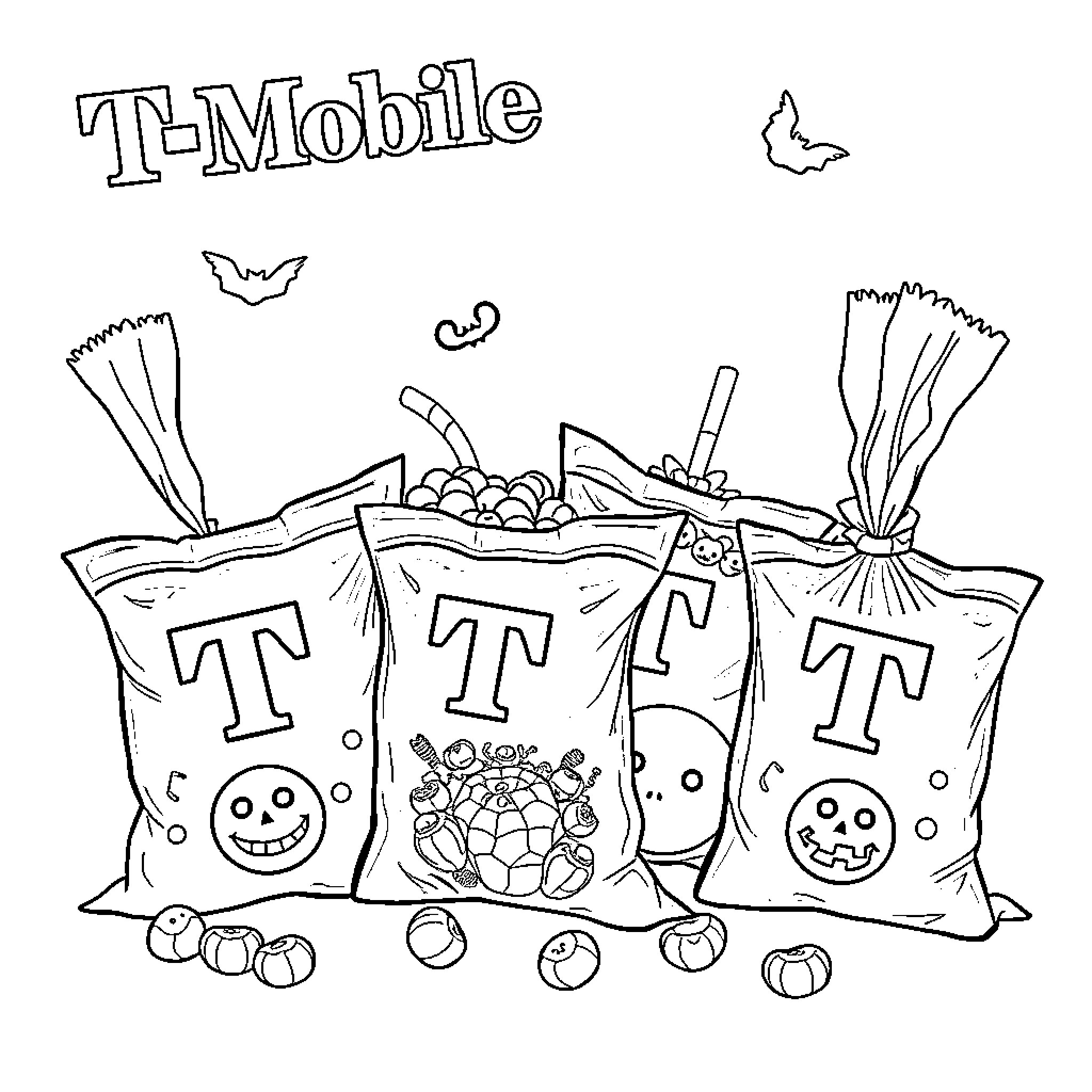 Candy bags with Halloween decorations Coloring Page (free black-and-white line drawing printable PDF for all, from beginners to advanced learners, including children, teens, adults, and seniors)