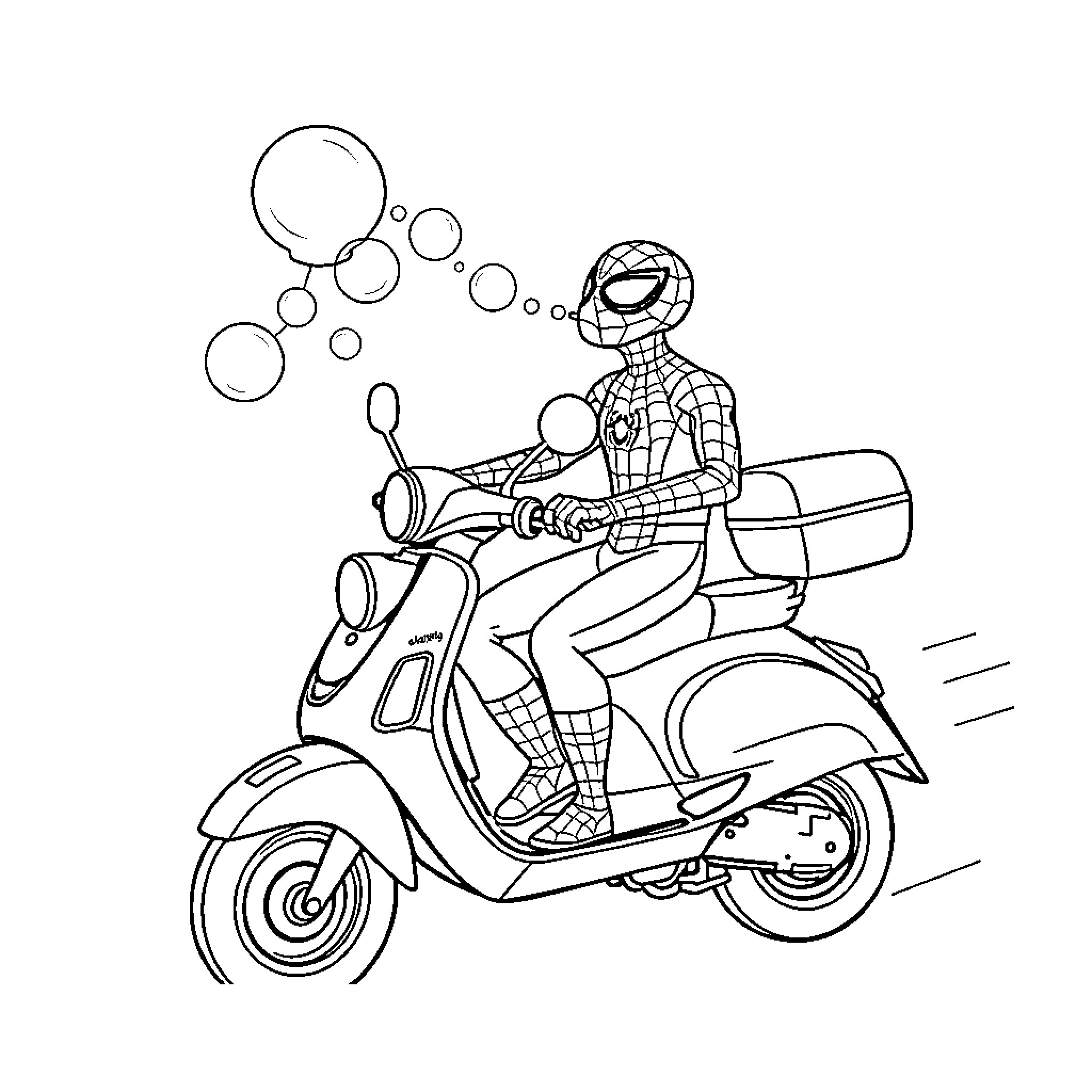 Spiderman riding a scooter with bubbles Coloring Page (free black-and-white line drawing printable PDF for all, from beginners to advanced learners, including children, teens, adults, and seniors)